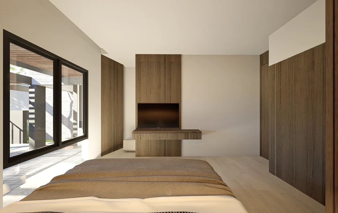 Bedroom's floating walnut media console and TV niche sit beside a black-framed corner window that looks onto the entry courtyard below.