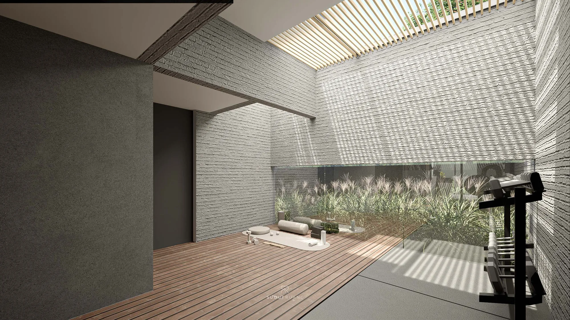 Home gym under a slatted timber skylight, its white-washed brick walls and teak decking opening through frameless glass to a bed of ornamental grasses.