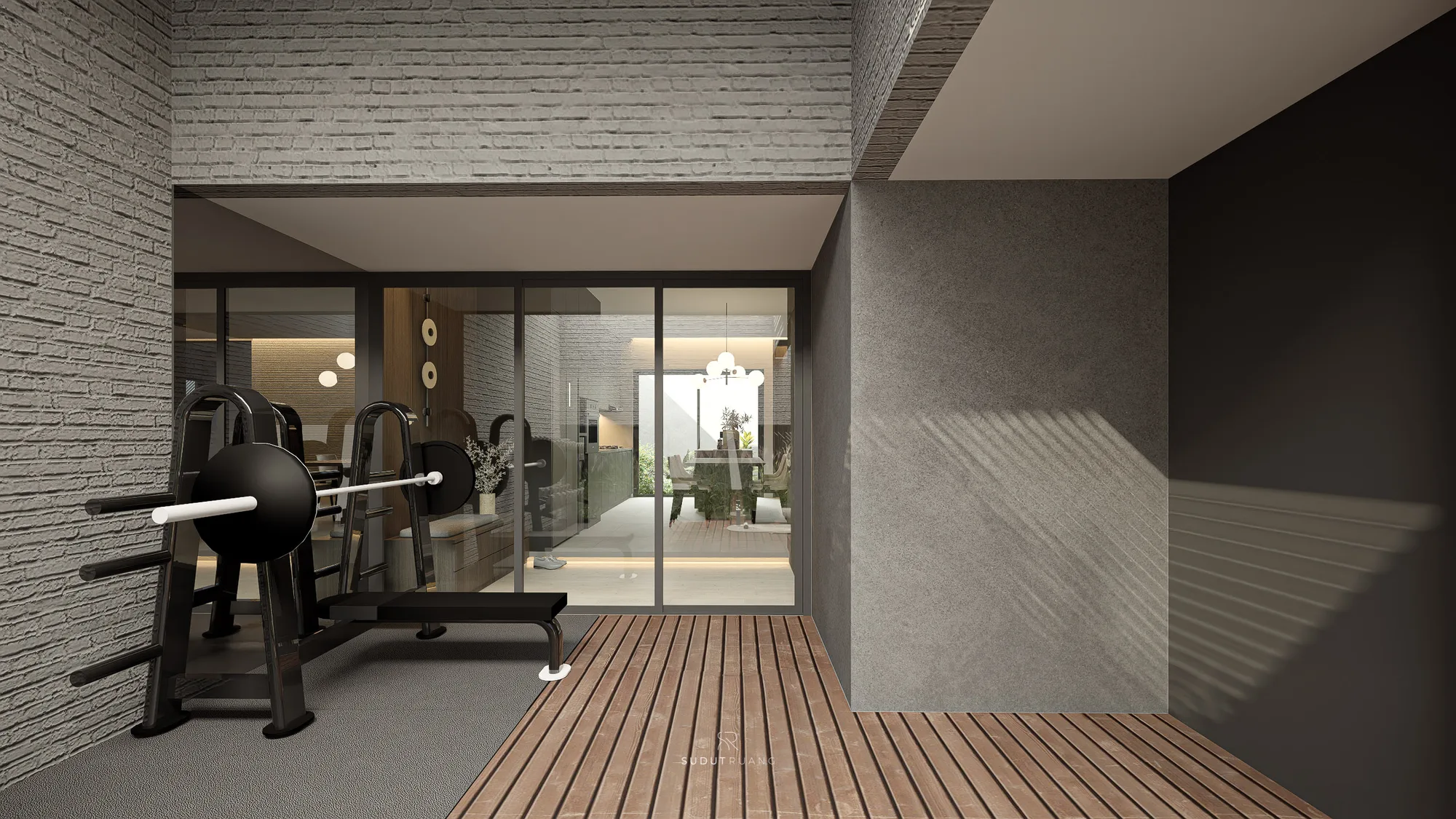 From the gym's brick corner, a weight rack and bench face full-height glass sliding doors that open straight through to the dining table beyond.