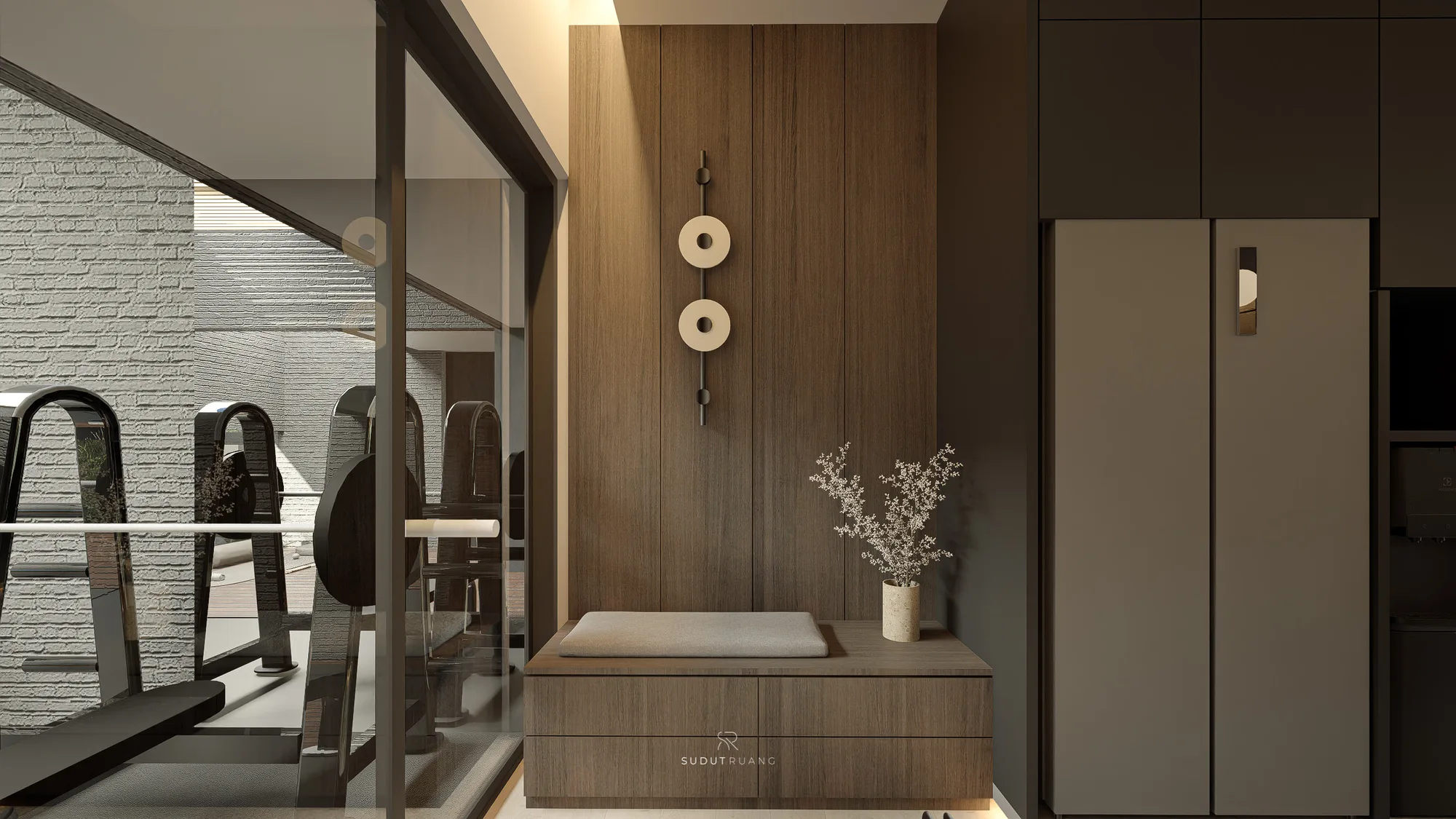 Entry bench in dark oak veneer sits beneath a two-disc wall sconce, positioned on the route from the front door straight past the glass-walled gym.