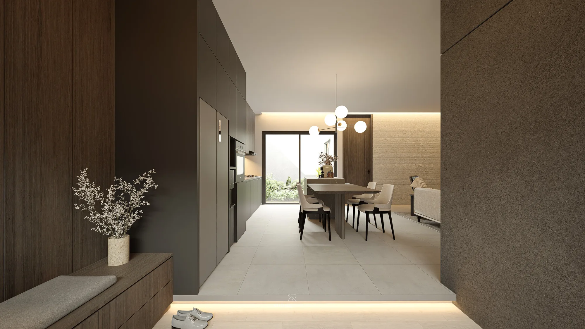 Dark-stained cabinetry lines the corridor from the entry bench toward the dining table, its cluster pendant lit beneath a raised, uplit ceiling band.
