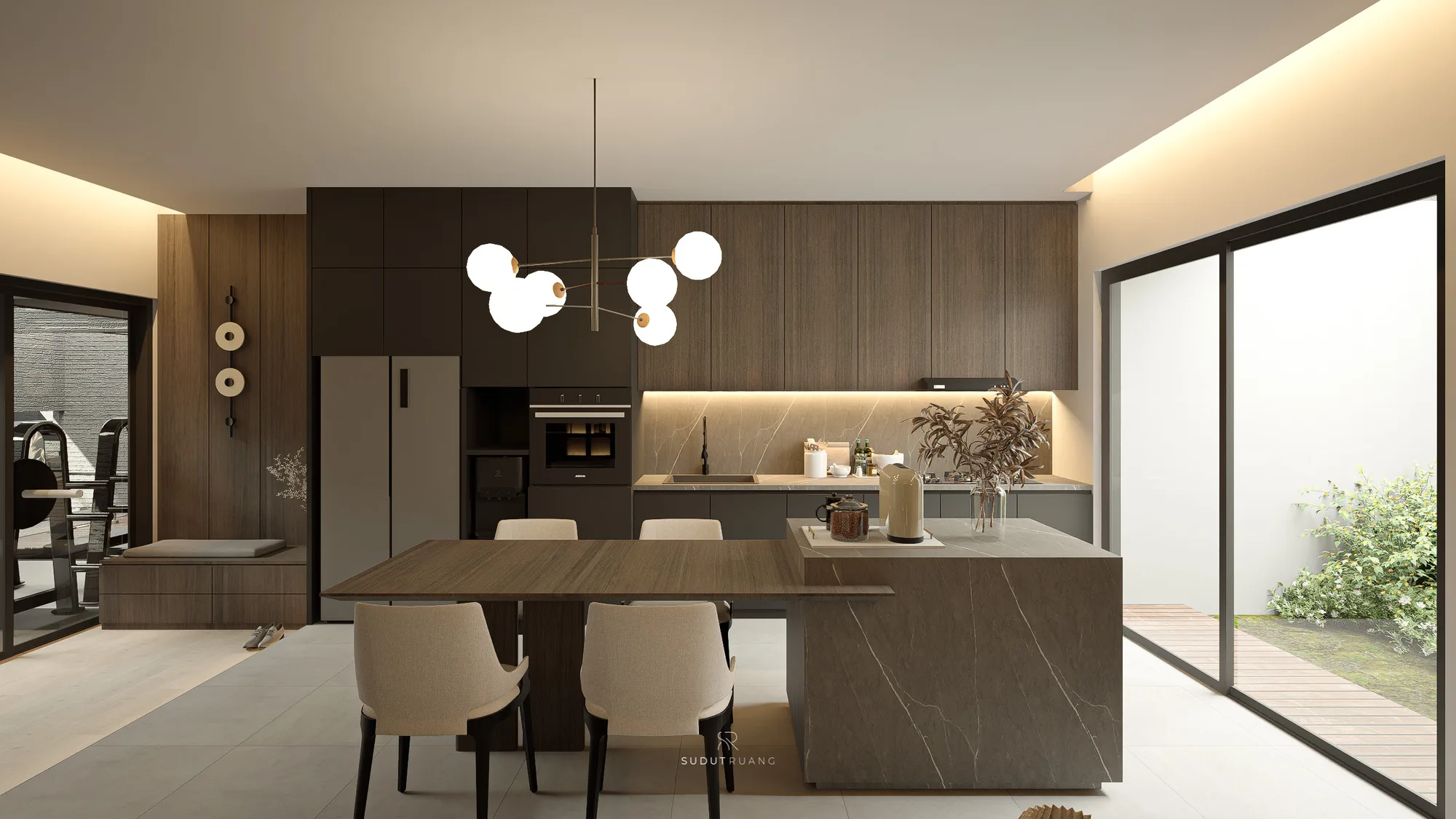 Dining table set before a veined grey-stone kitchen island, walnut overhead cabinetry, and a sliding door opening onto the timber-decked garden edge.