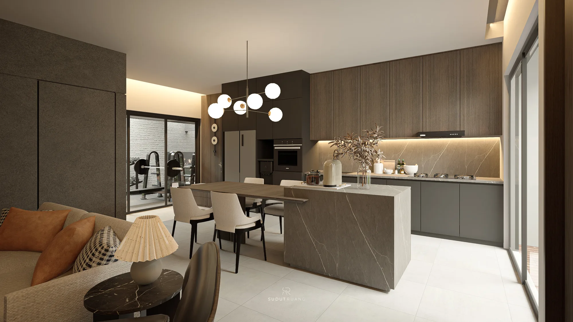 Living room sofa and dining table share one open floor with the kitchen island, the glass-walled gym and its weight rack visible through the side door.