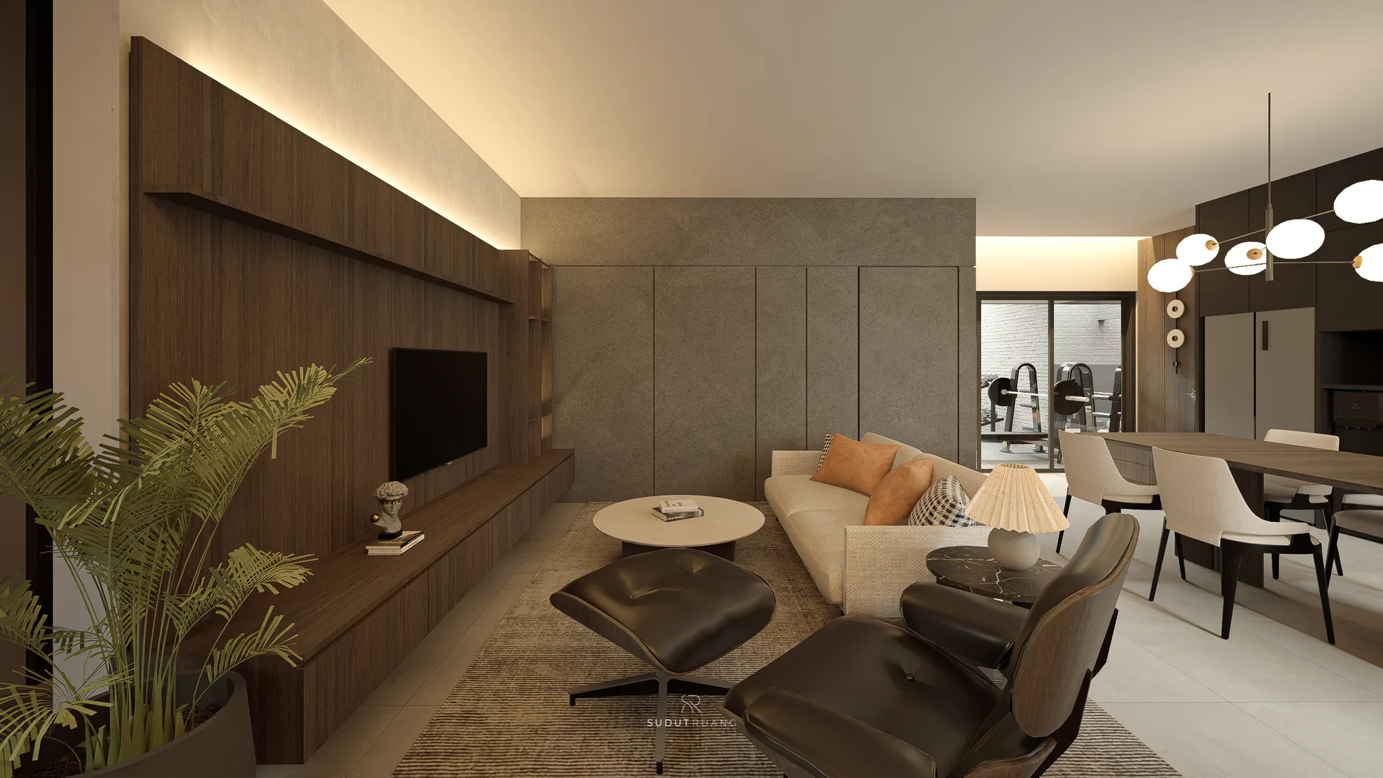 A walnut-clad TV wall meets a plain dark-plaster panel in the living room, black leather lounge chairs facing a sofa with the gym glowing through glass at right.