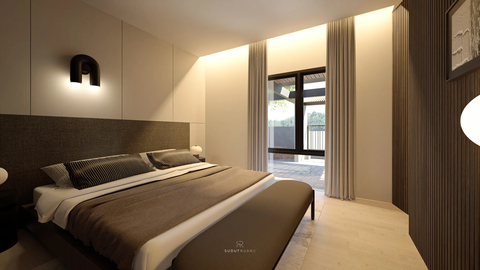 Bedroom's brown fabric headboard faces sheer curtains drawn back from a full-height opening onto a paved, fenced side terrace.