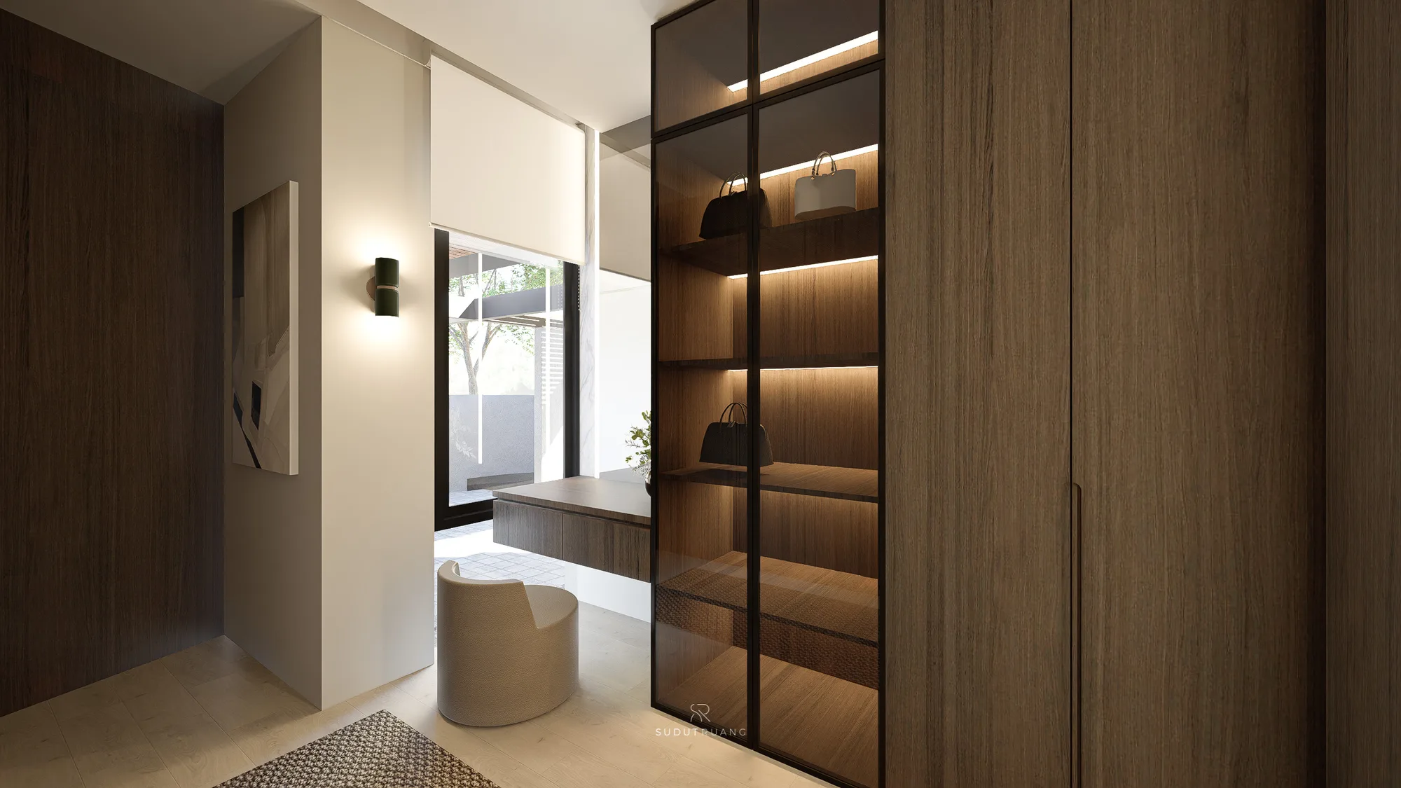 The dressing room's glass-fronted shelving displays handbags beside a bouclé stool and a built-in window seat that looks out to the side garden wall.