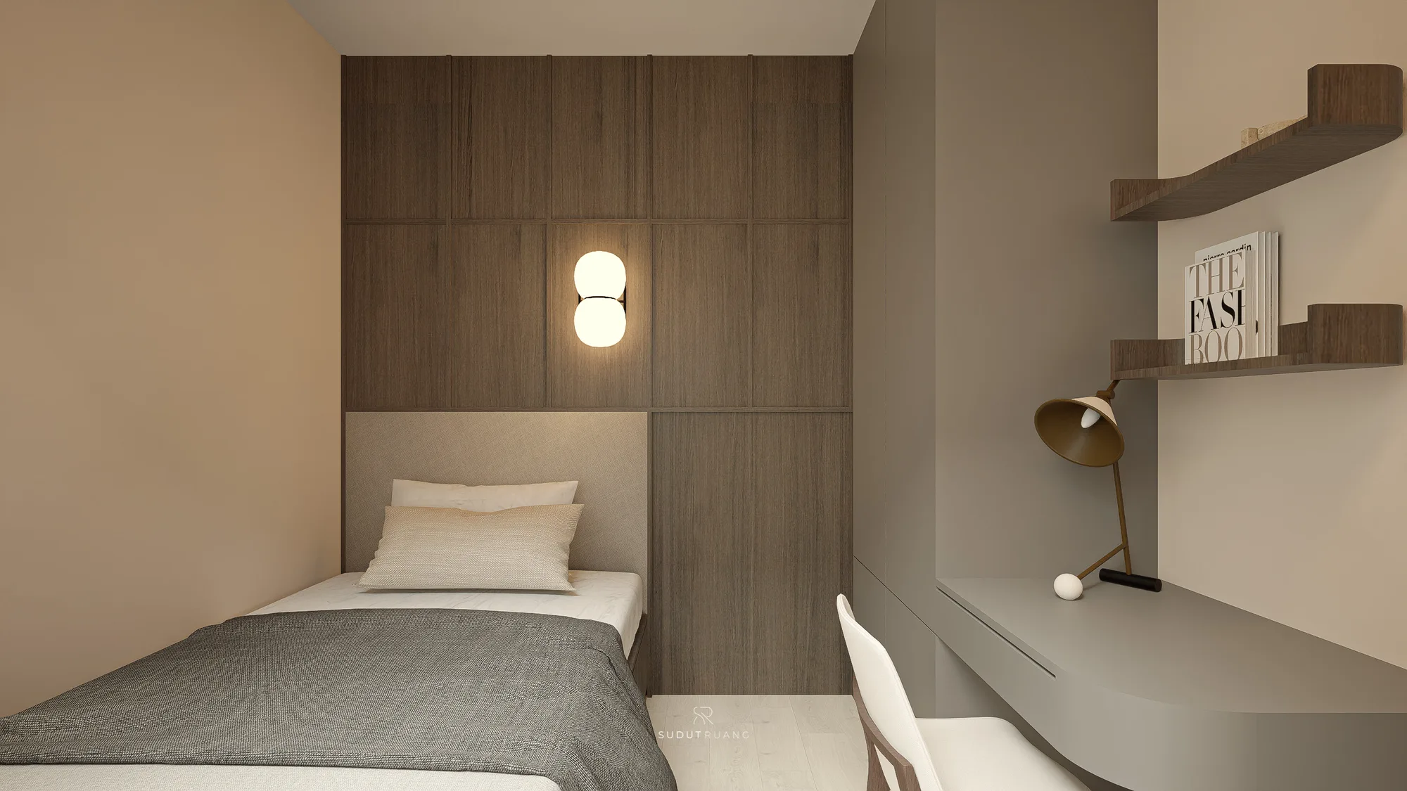 Child's room pairs a mocha-toned wall with a walnut headboard panel and a floating desk lit by a brass lamp beneath staggered wood shelves.