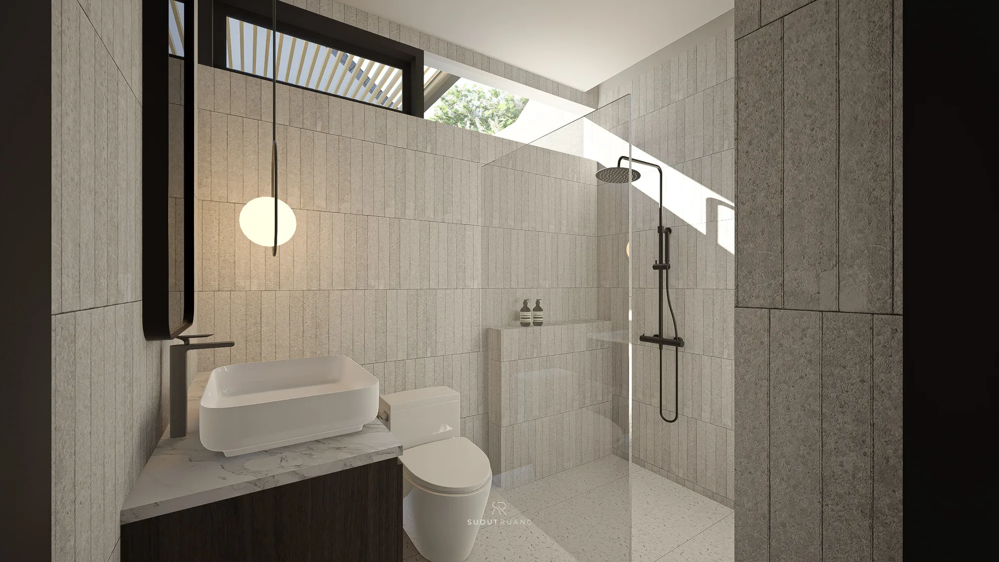 Bathroom in vertically ribbed stone tile, a black rain shower and handset behind frameless glass, and a floating marble-top vanity lit by a single pendant.