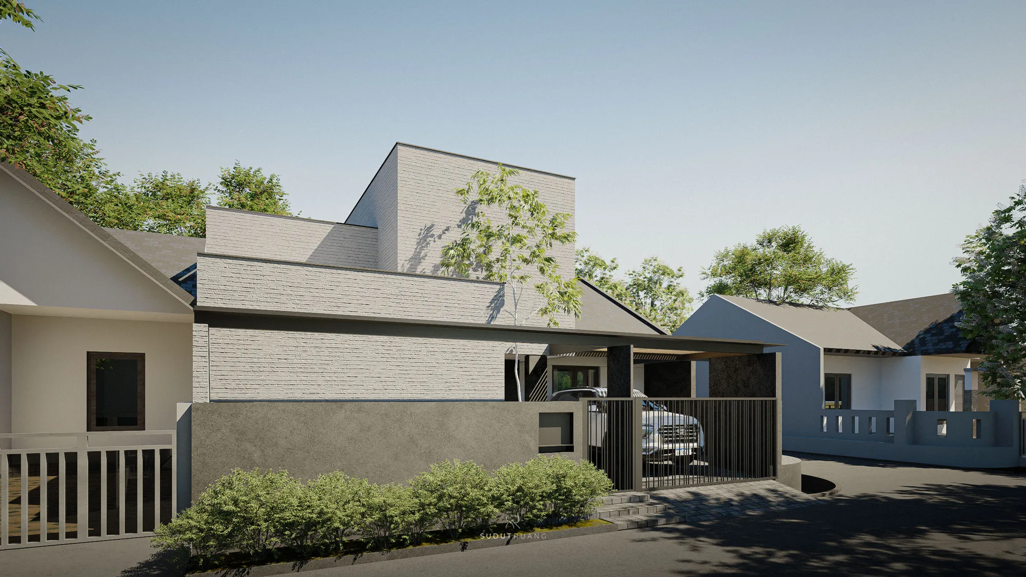 From the corner lot's side street, the twisted brick volume, textured plaster wall, and open carport read as one continuous form between the neighbouring gabled roofs.