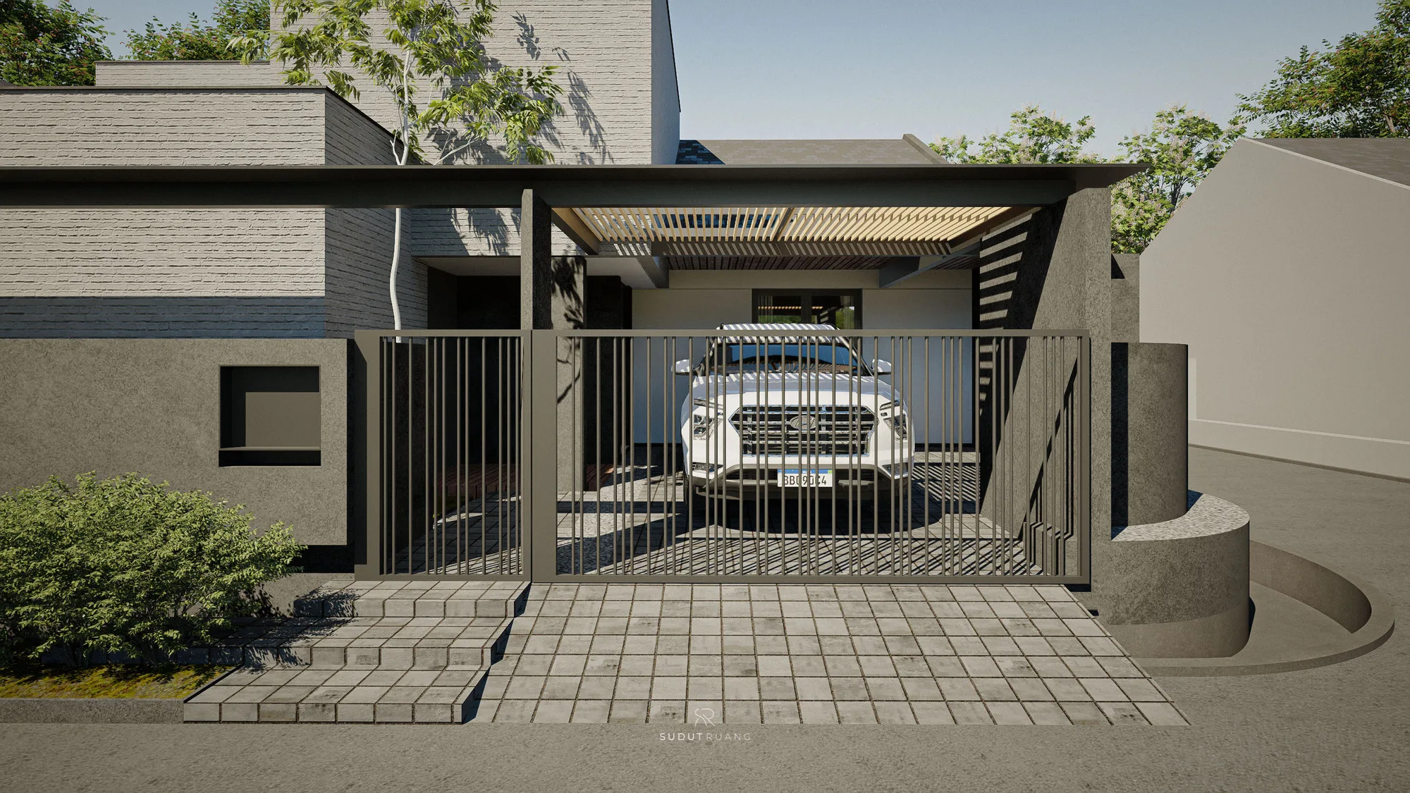 A head-on view through the steel picket gate into the timber-slatted carport, a dark cylindrical column and curved planter marking the driveway's corner.