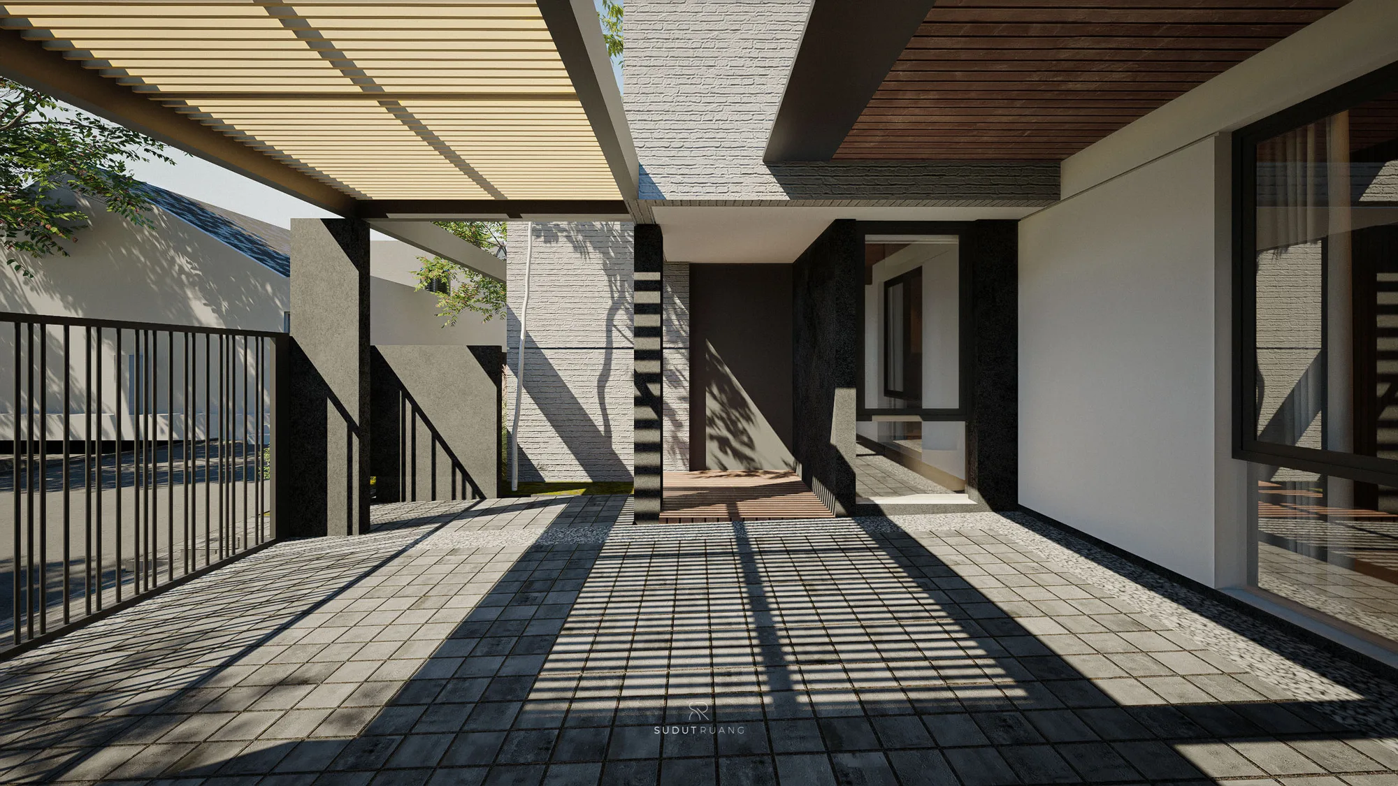 A covered walkway of striped timber pergola and dark brick soffit leads past a black-framed window toward the recessed front door.