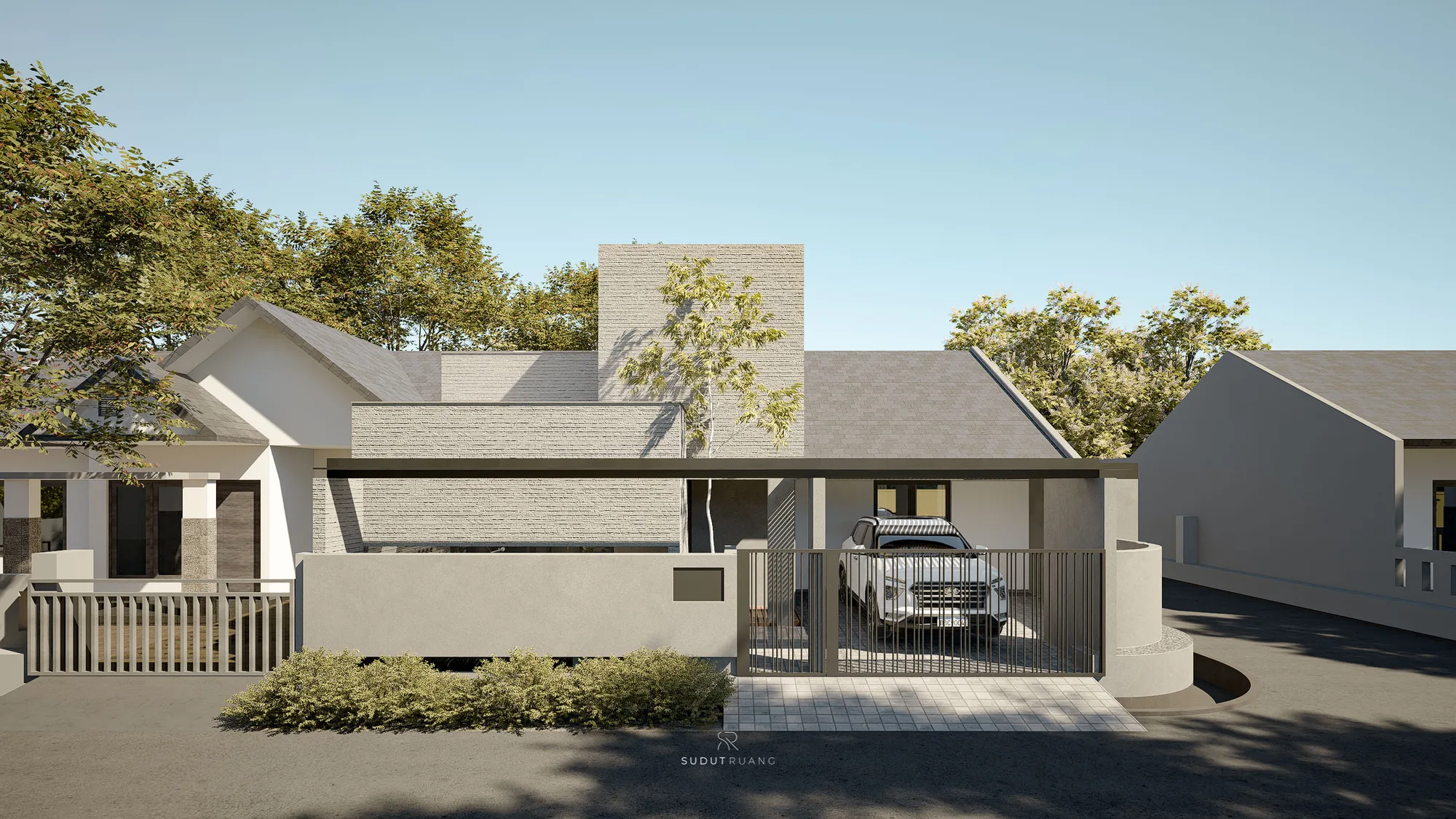 A wider daytime view takes in the paved entry steps, black steel gate, and slatted pergola roof extending from the twisted brick volume above.