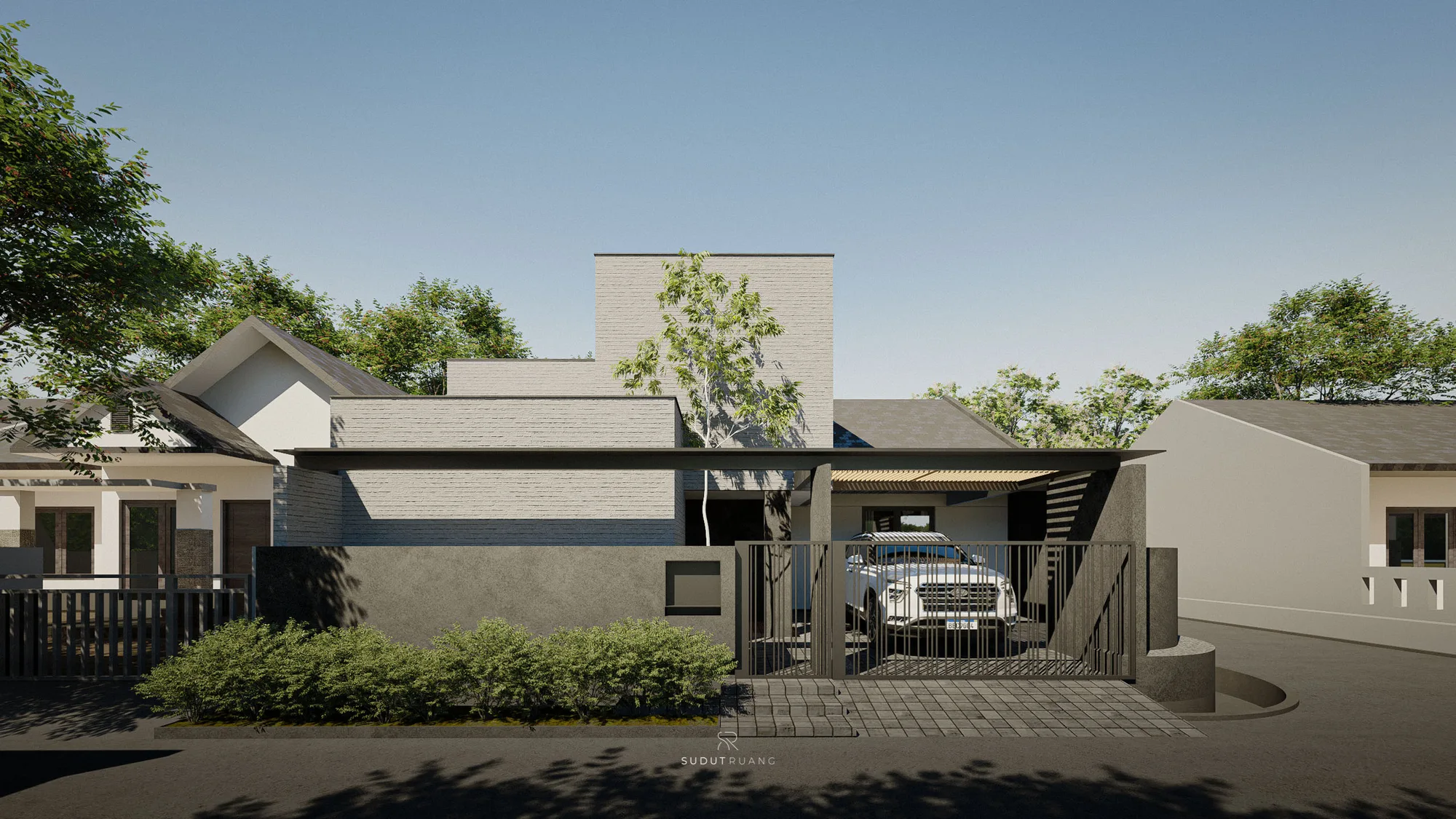 Daylight shows the same brick-clad volume above a slatted timber carport roof, a dark stone-clad wall segment with a small window cut beside the pedestrian gate.