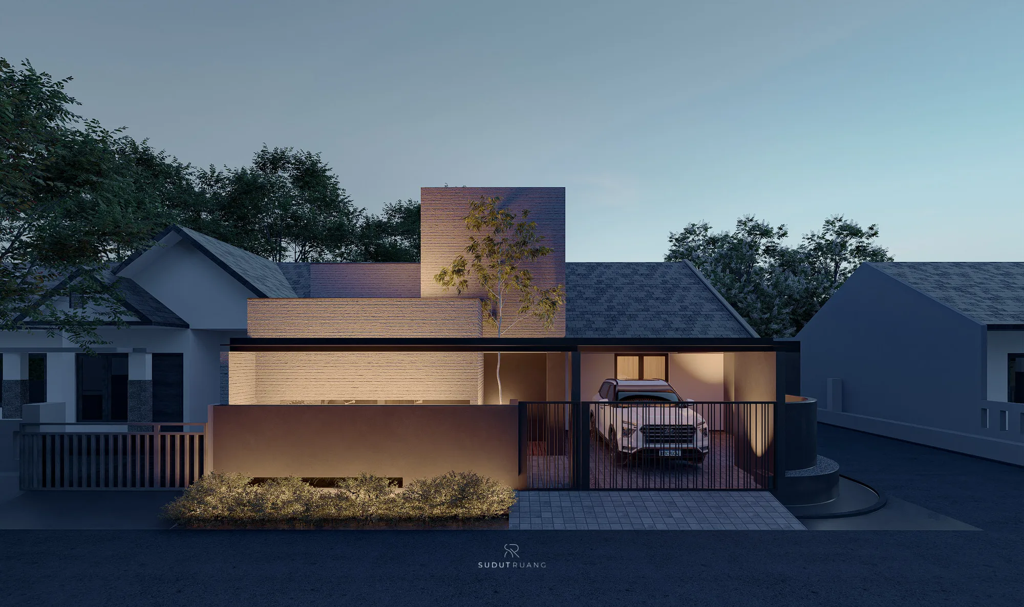 At dusk, warm light traces the twisted, textured brick-clad volume above the carport, where a white SUV waits behind the black steel picket gate.