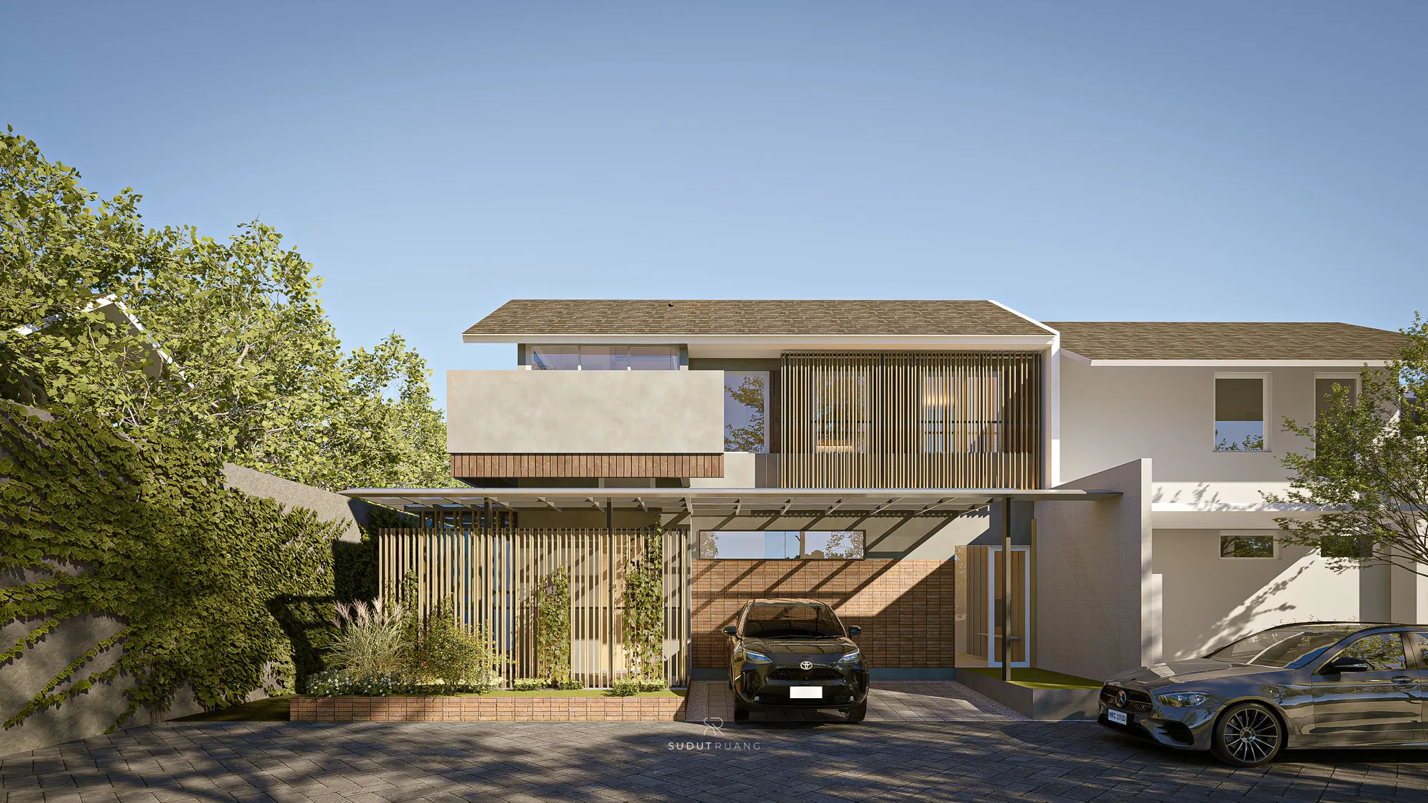 Front elevation of the renovated house showing the slatted wood screen wrapping the new upper storey, a stone-plastered box below, and a carport framed by a matching wood-batten screen.