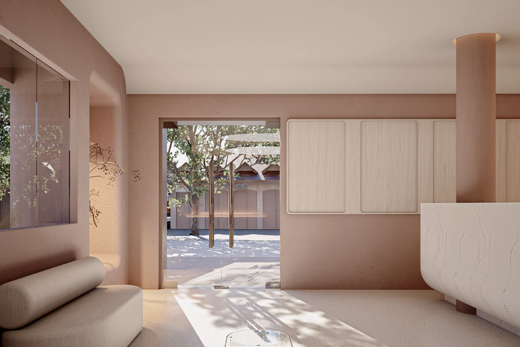 A glazed door opening from Beauty Center's interior onto a courtyard tree, wood panelling and a marble-look counter framing the threshold.