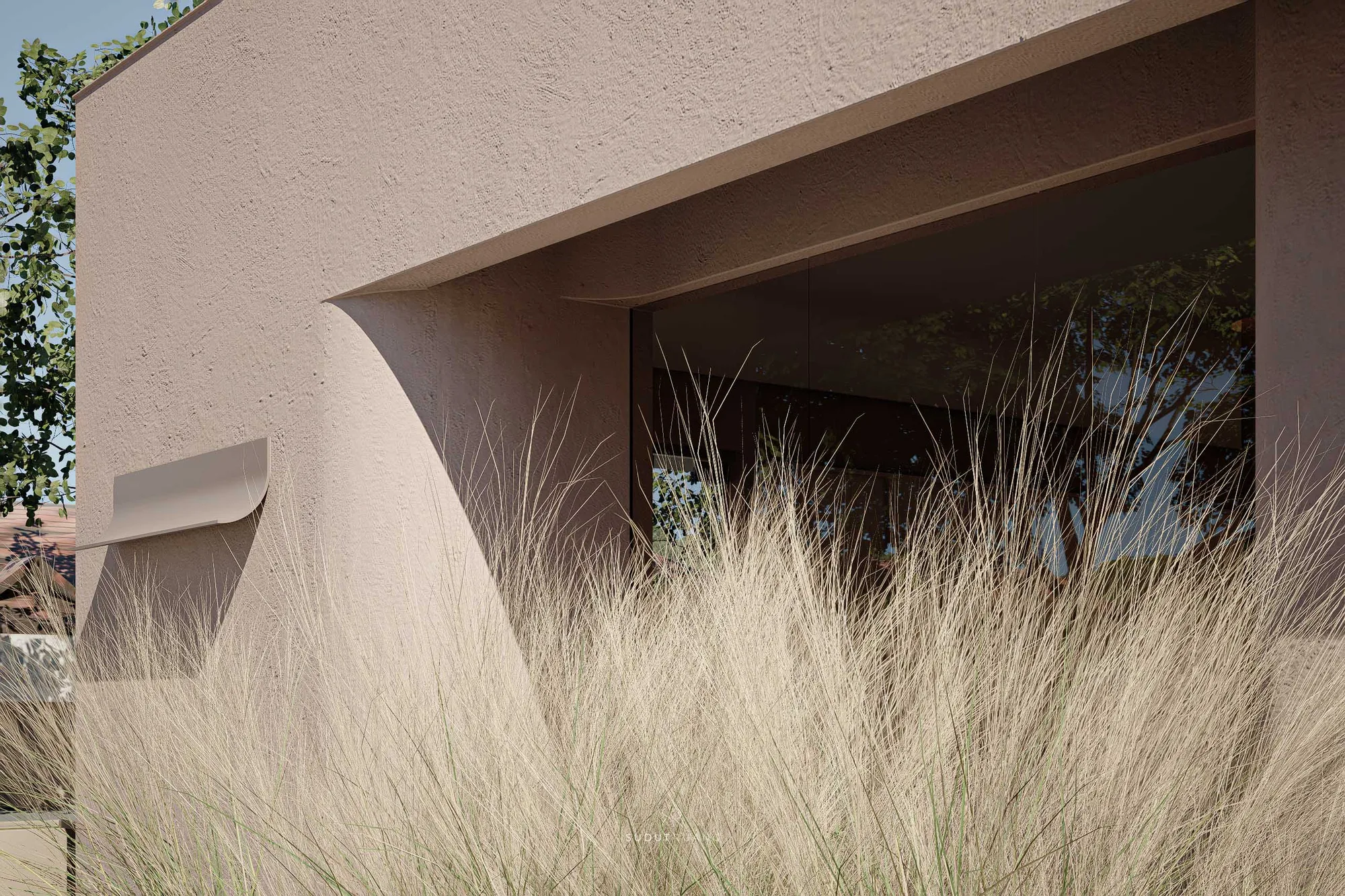 Ornamental grasses softening Beauty Center's arcade edge, dark glazing reflecting the street beyond.