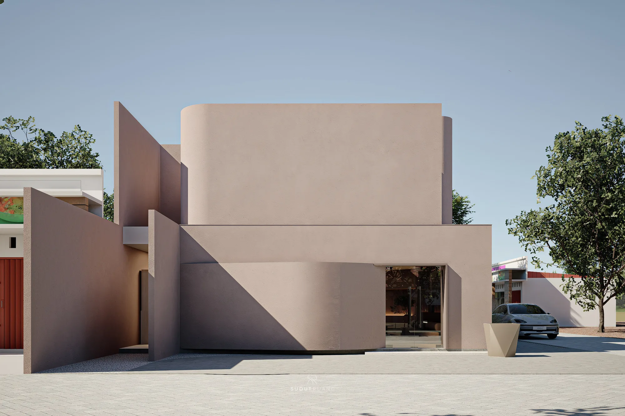 Beauty Center's corner in daylight, the curved volume and punched slot openings set against a dense street lined with neighbouring shopfronts.