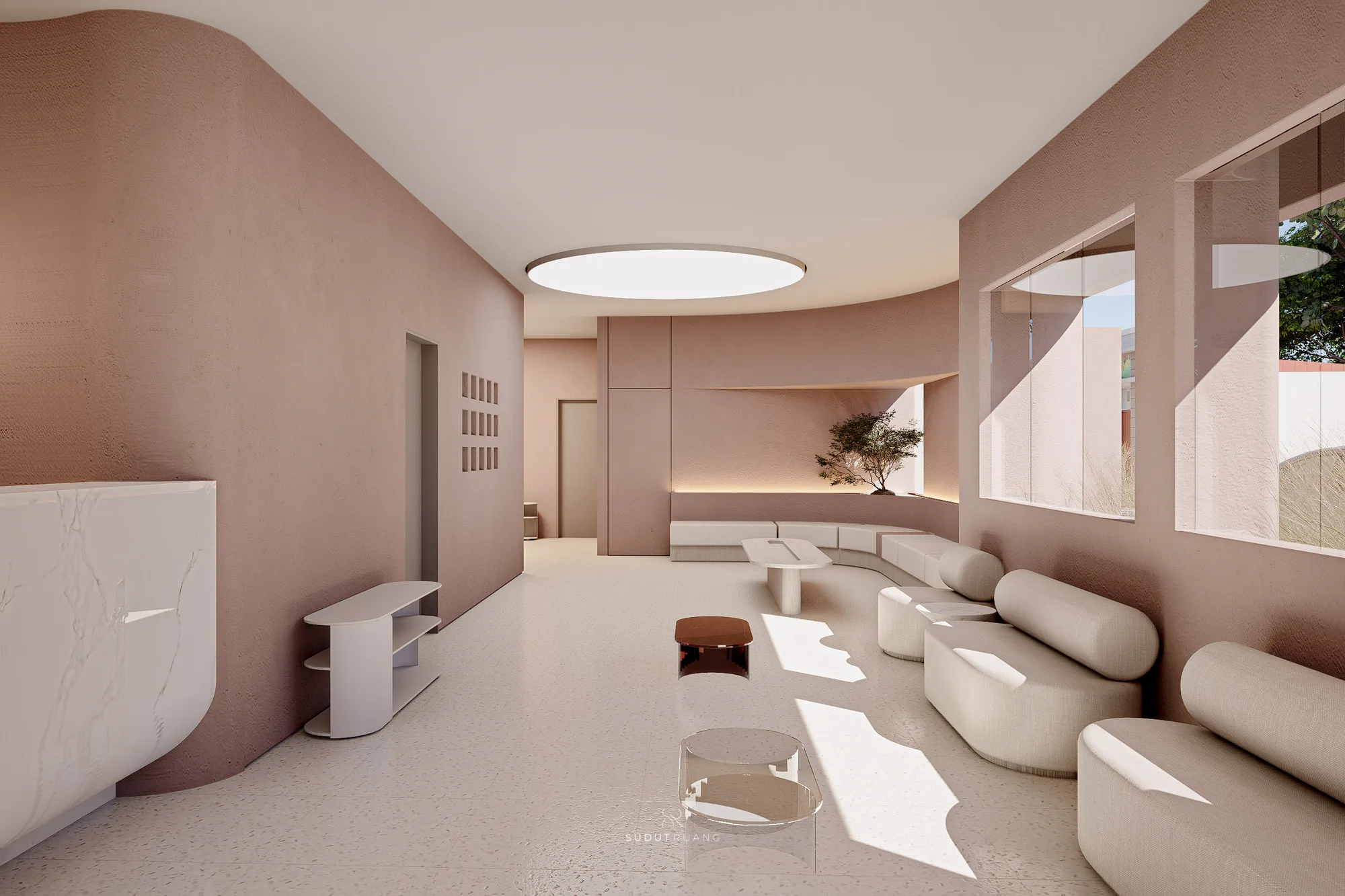 Beauty Center's lounge curving around a tree set into a lit plaster alcove, a round skylight pooling daylight over the seating.