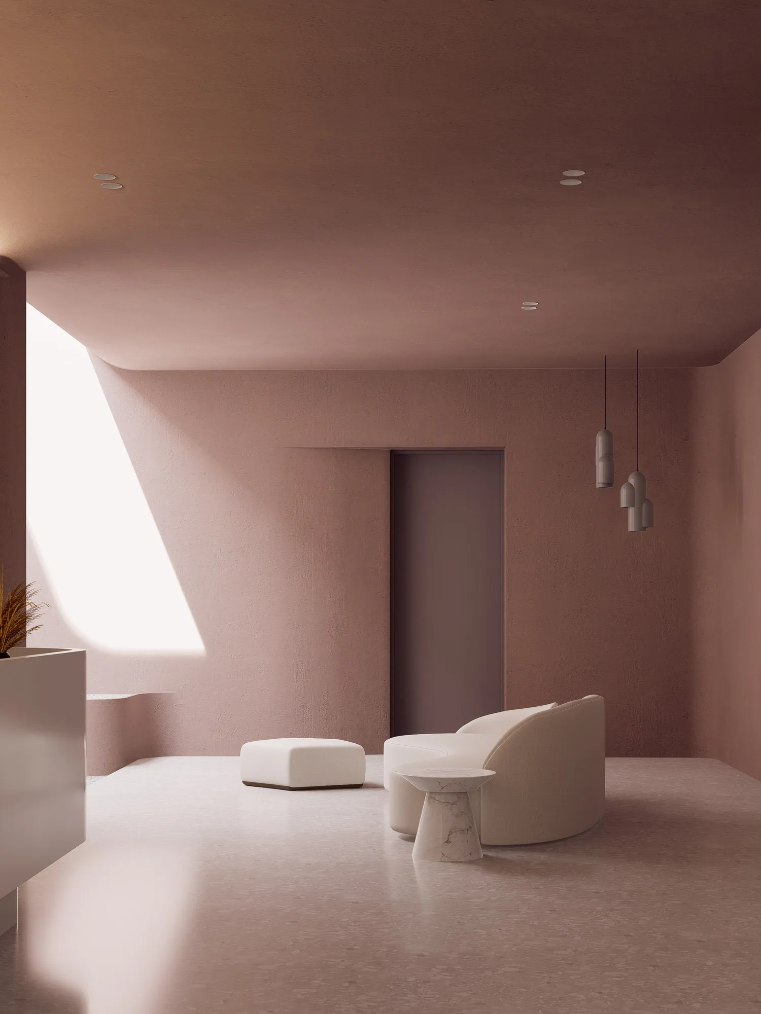 A pared-back corner of Beauty Center in pink plaster, a diagonal beam of daylight crossing the wall beside a curved sofa and hanging pendants.