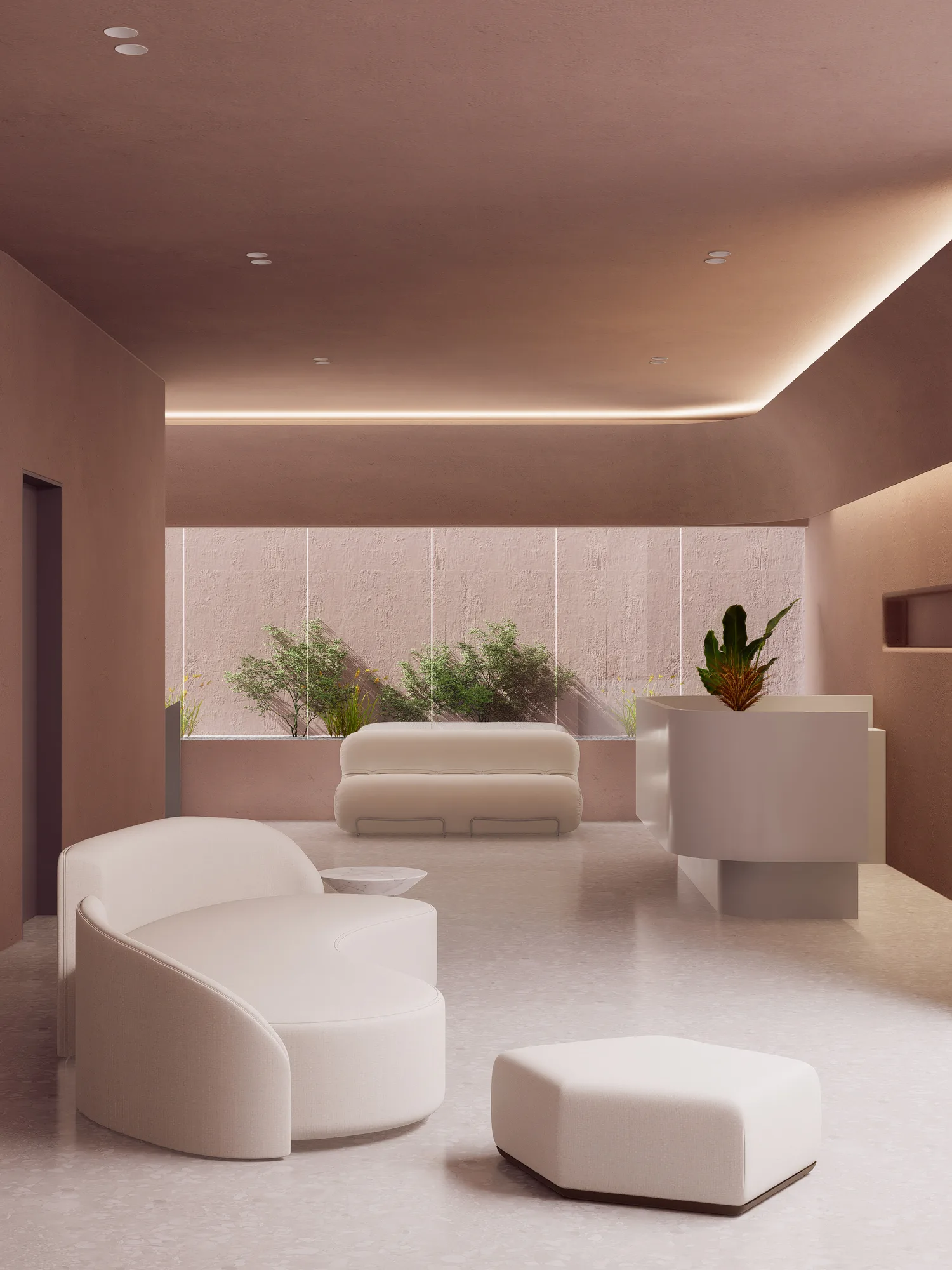 Beauty Center's lounge with a curved sofa and ottoman set before a planted window strip, a curved reception desk visible beyond.