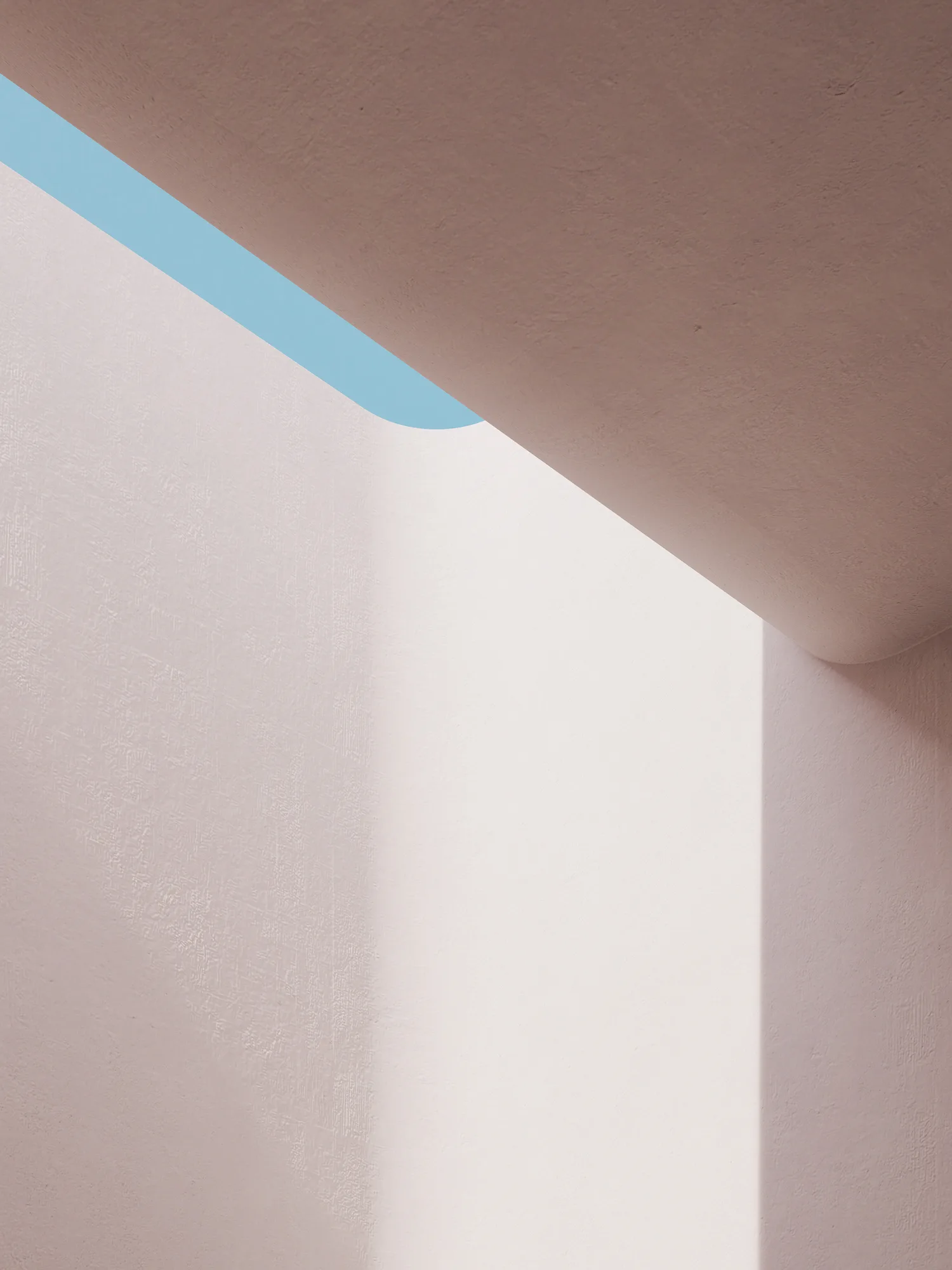 A hidden sky-blue accent tucked into one ceiling-to-wall curve inside Beauty Center, otherwise held in pink plaster throughout.
