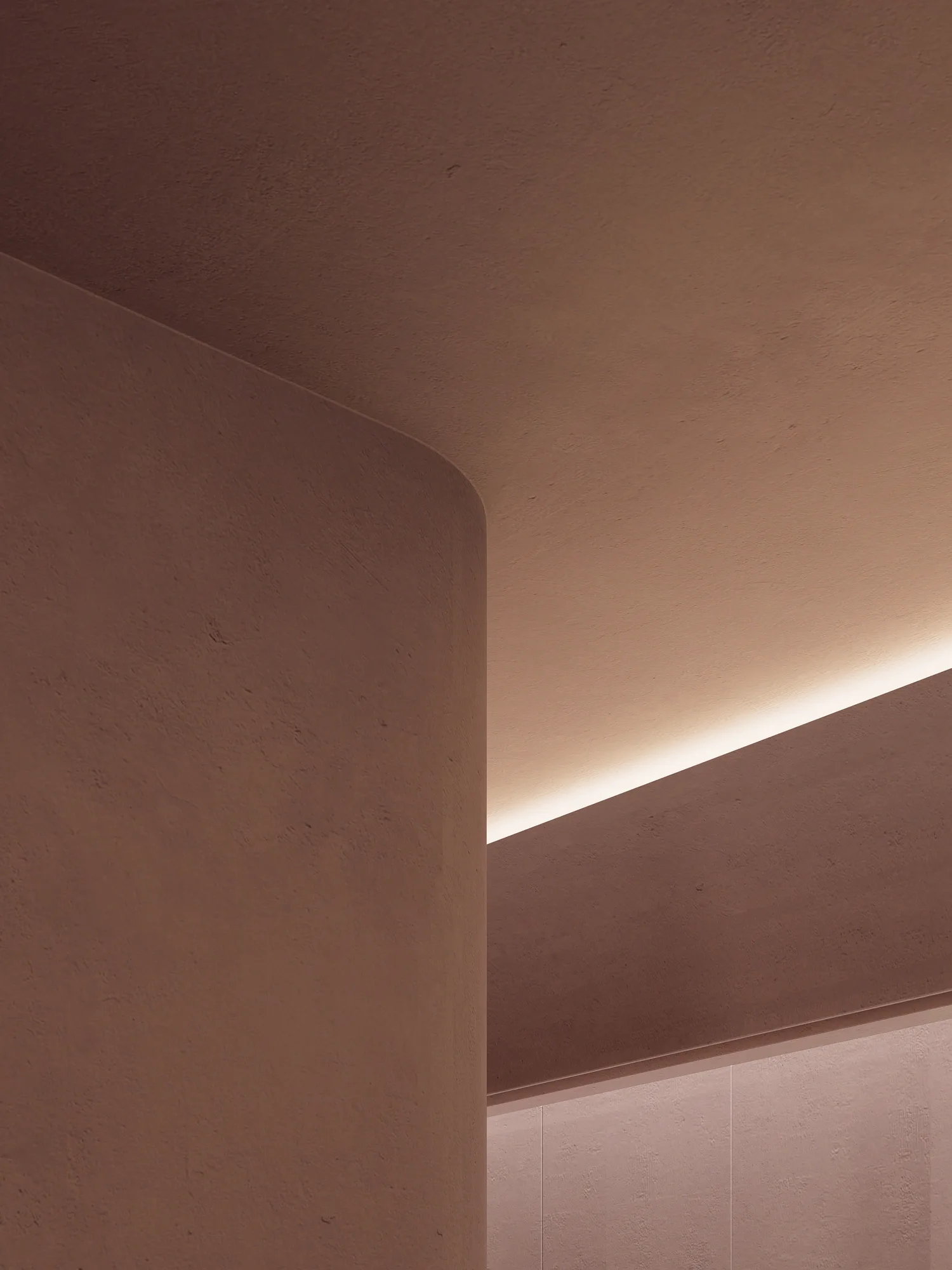 Beauty Center's curved interior wall meeting a lit ceiling slot, pink plaster tiles visible through the opening beyond.