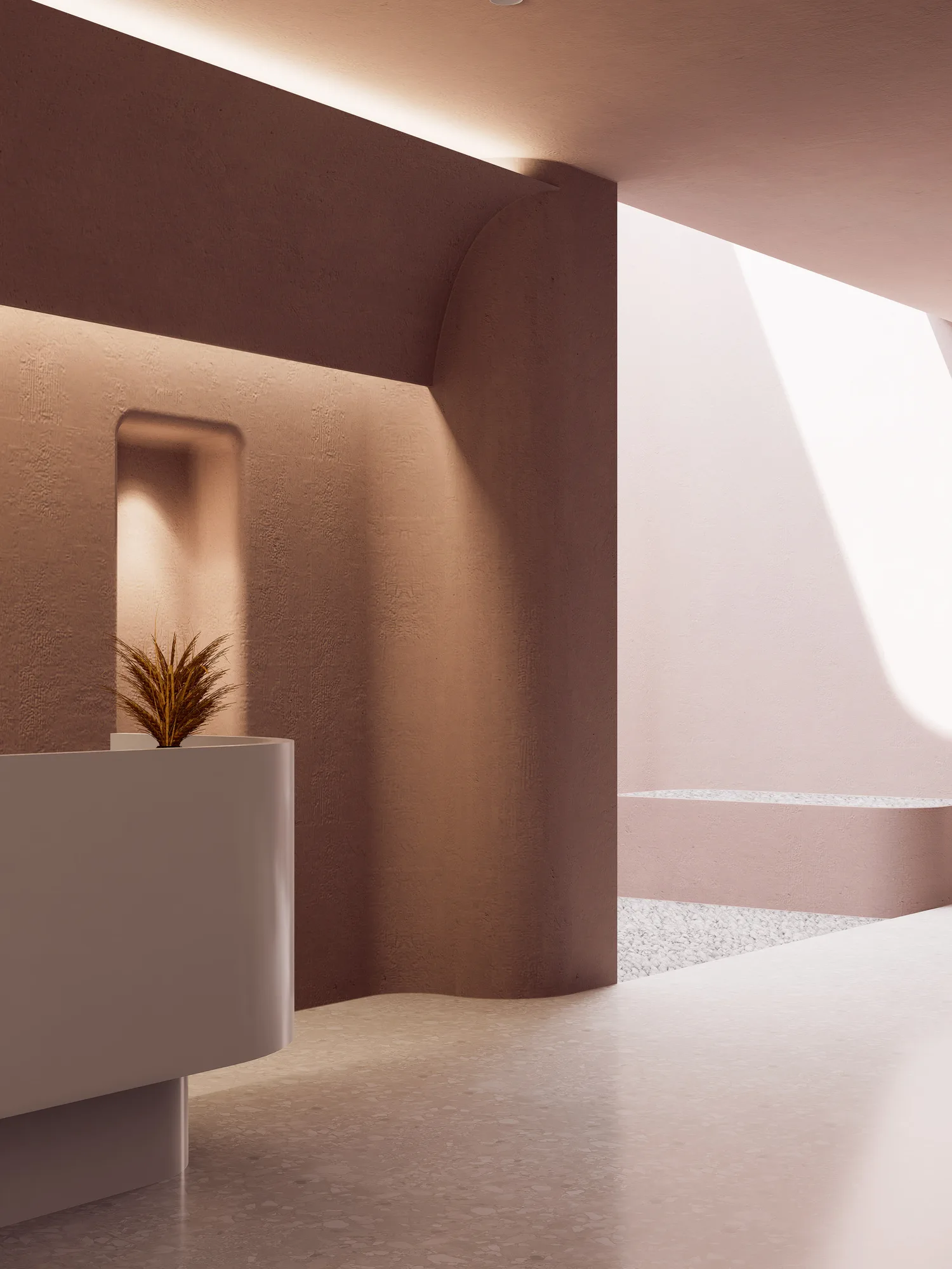 Beauty Center's curved reception desk with a dried plant, a lit wall niche and terrazzo-look strip visible behind it.