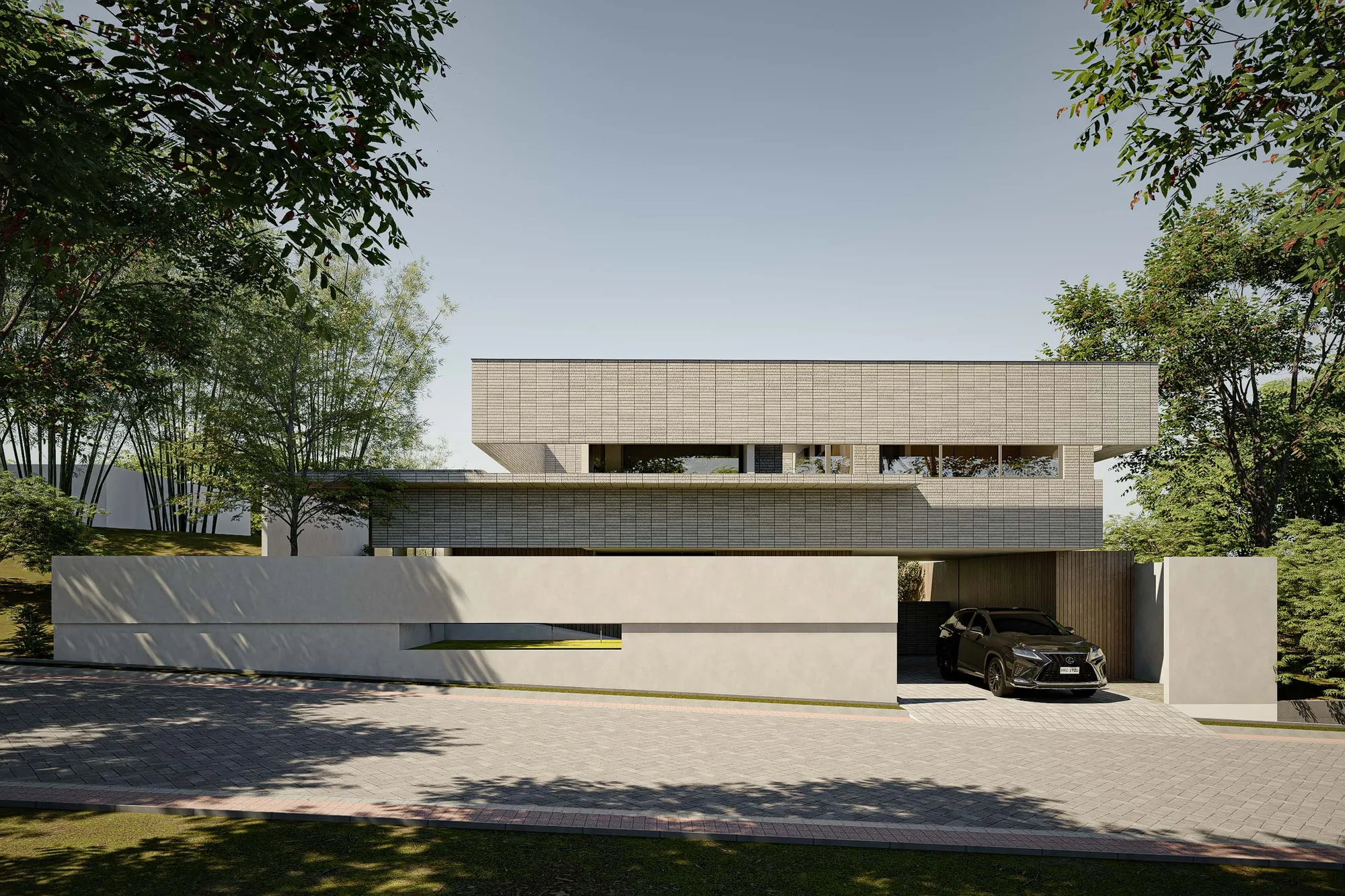 Timber decking runs from the living room's glass wall past a concrete stepping stone toward the lawn, with a car visible in the carport beyond.