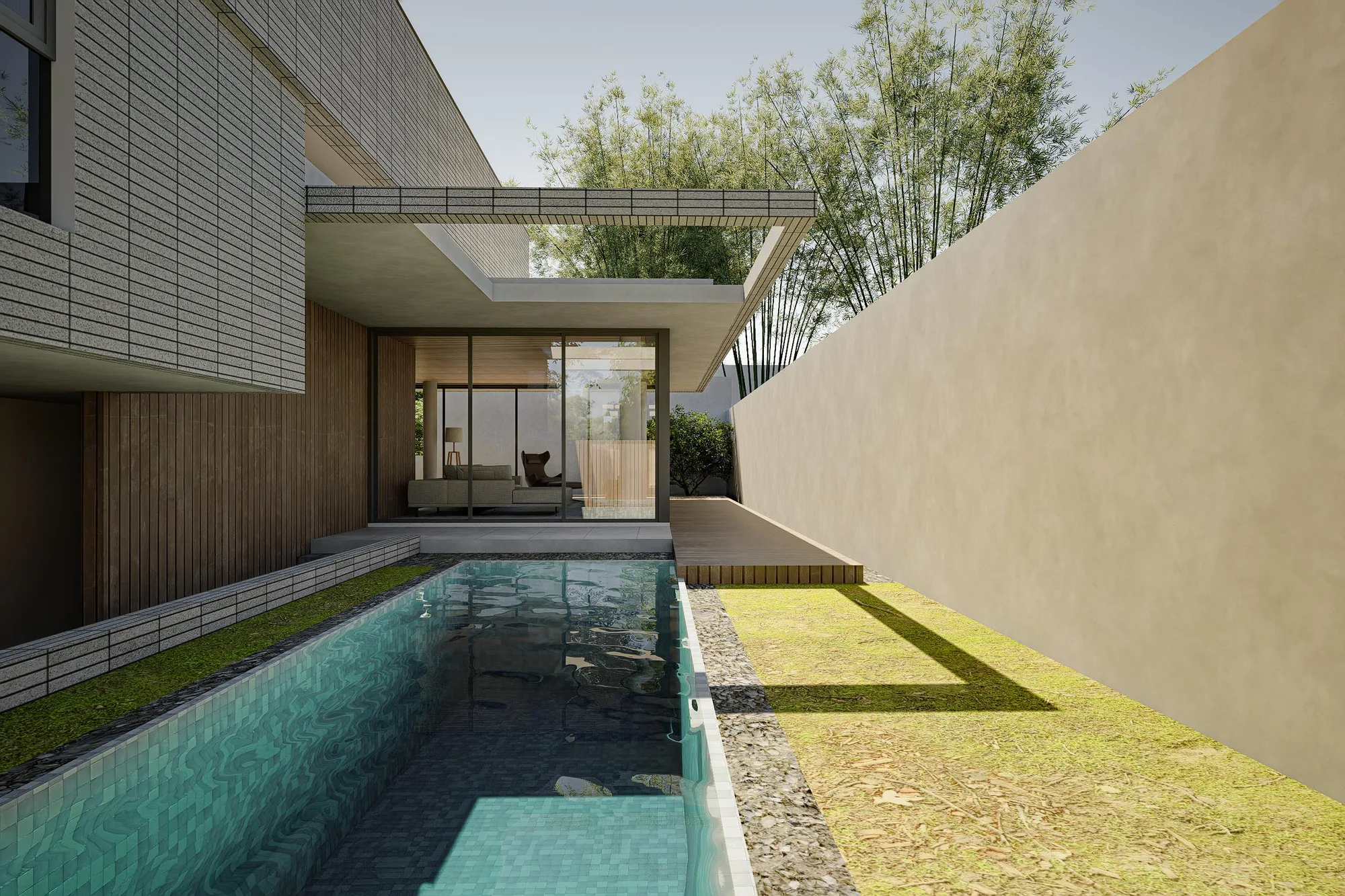 The lap pool's tiled edge meets a timber deck beneath the brick-tile volume, framed by a boundary wall on one side.
