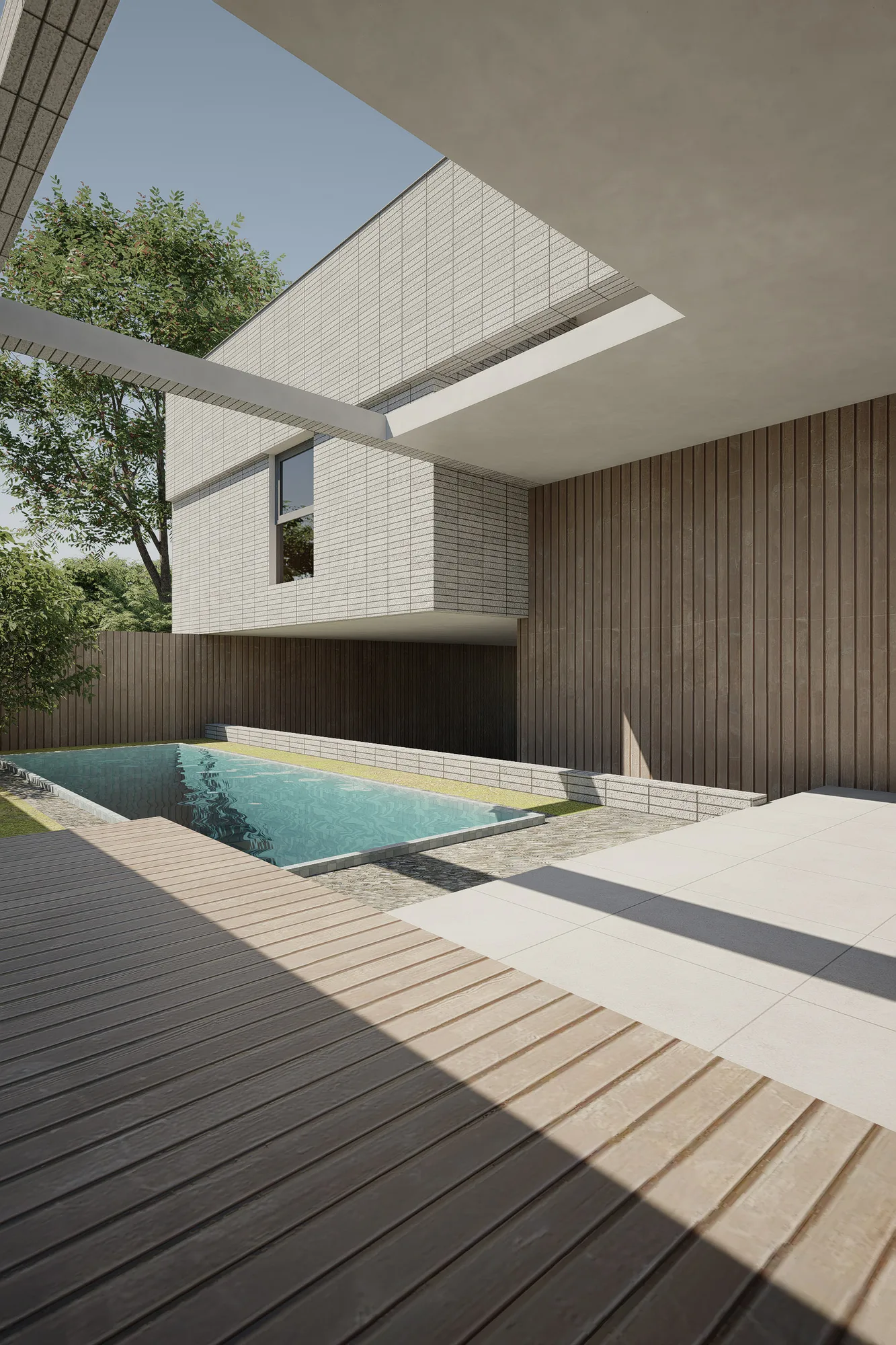 A timber-lined breezeway opens onto the brick-tile courtyard wall, a floor lamp glimpsed through the opening below.