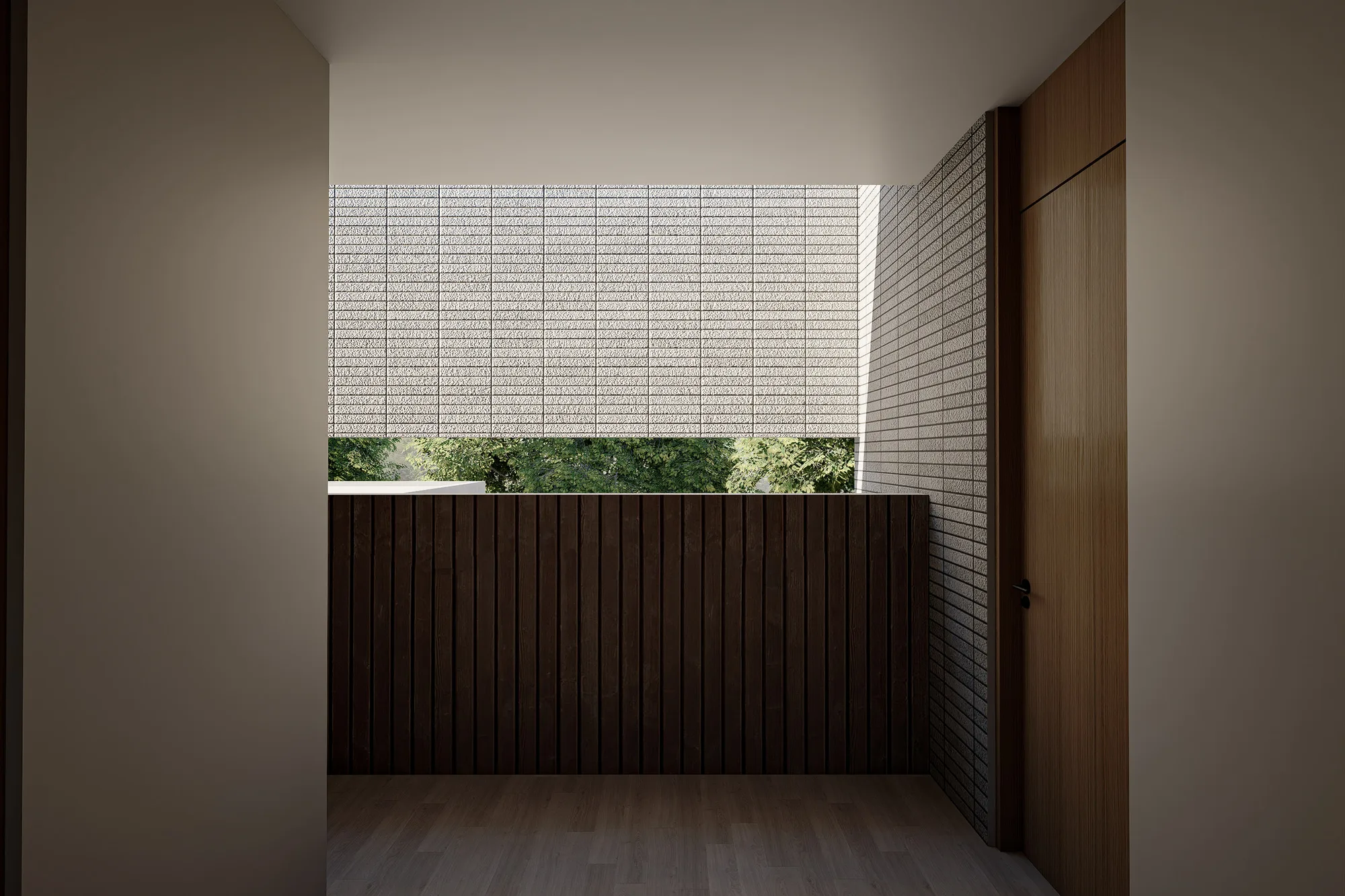 Looking out from the corridor, the brick-tile courtyard wall catches full sun beside a wood-slat parapet.