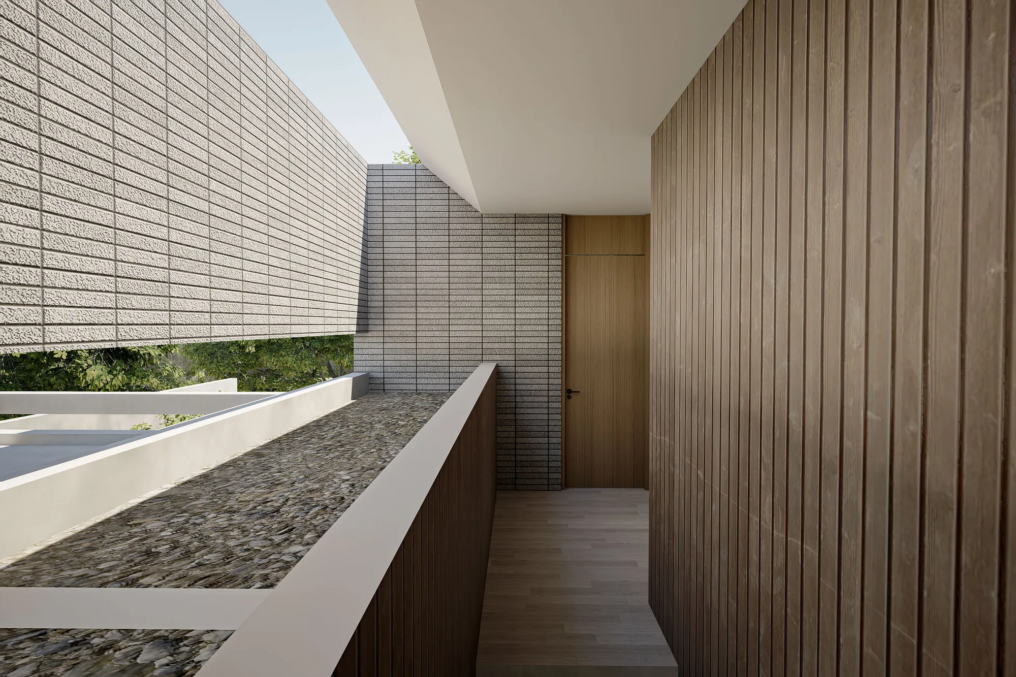 Looking down a threshold between timber-clad walls, sunlight rakes across the brick-tile courtyard wall beyond an open door.