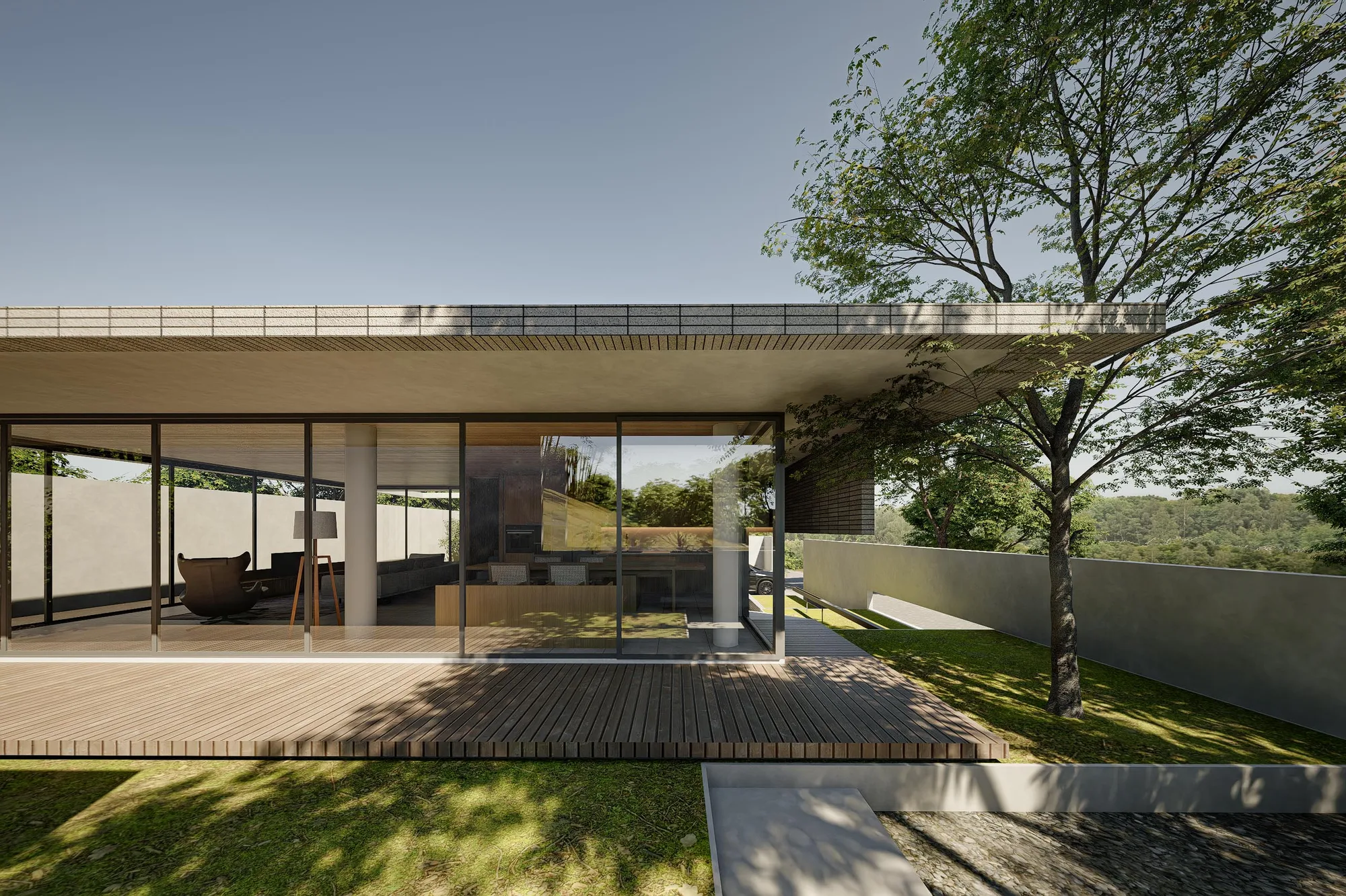Dusk approach up the sloped driveway toward the house, its brick-tile upper volume cantilevering over a black car parked beneath the carport.