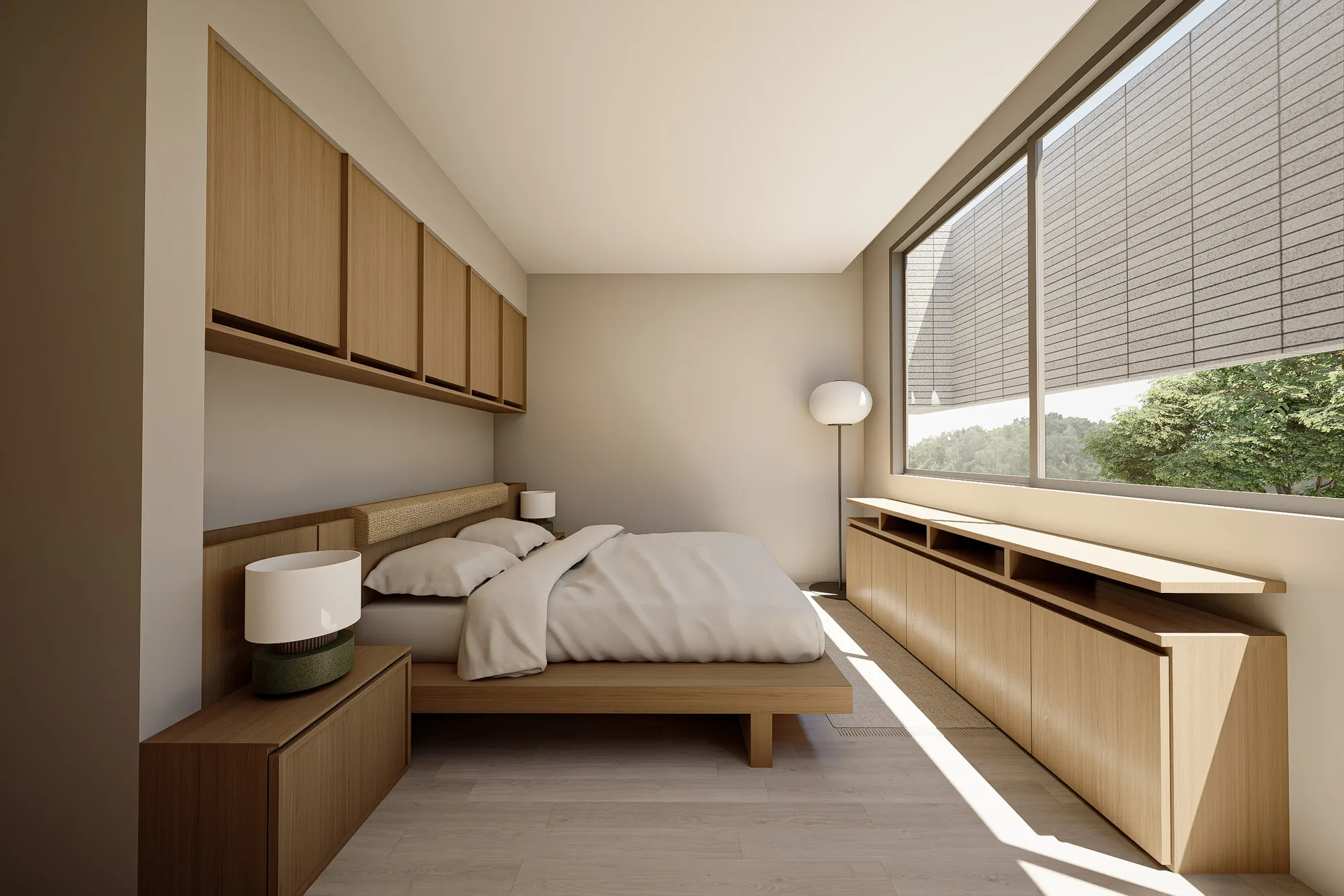 A low oak console runs beneath the bedroom's angled window, paired with wall-mounted cabinets above the bed.