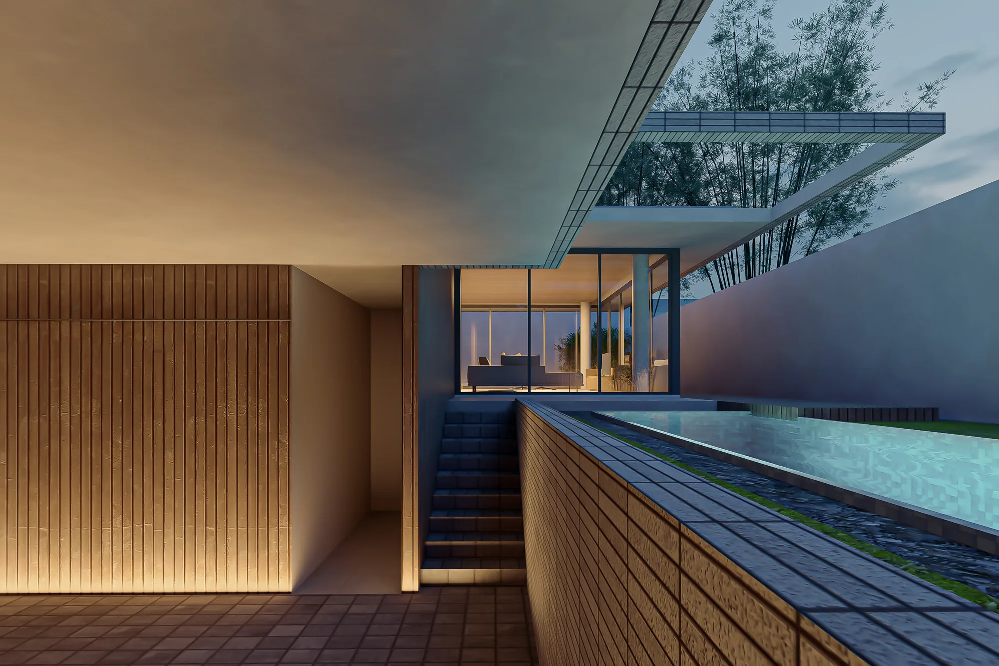 Concrete steps descend past a timber-clad wall toward an illuminated pool at dusk, the living room glowing through glass above.