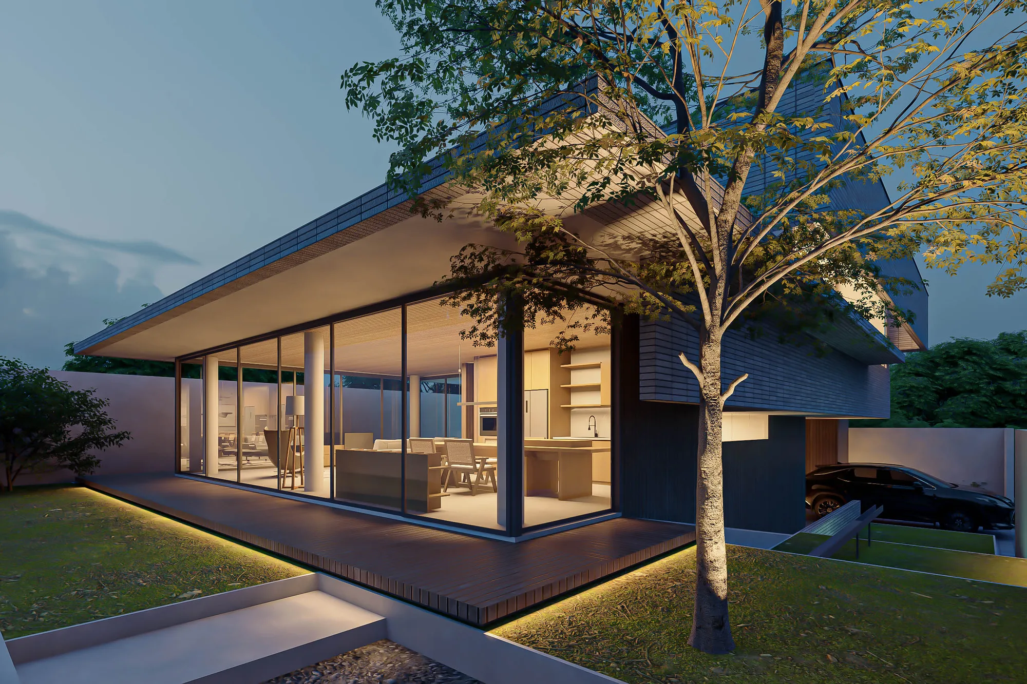 Head-on view of the carport, its slatted timber walls framing a black car beneath the brick-tile volume above.
