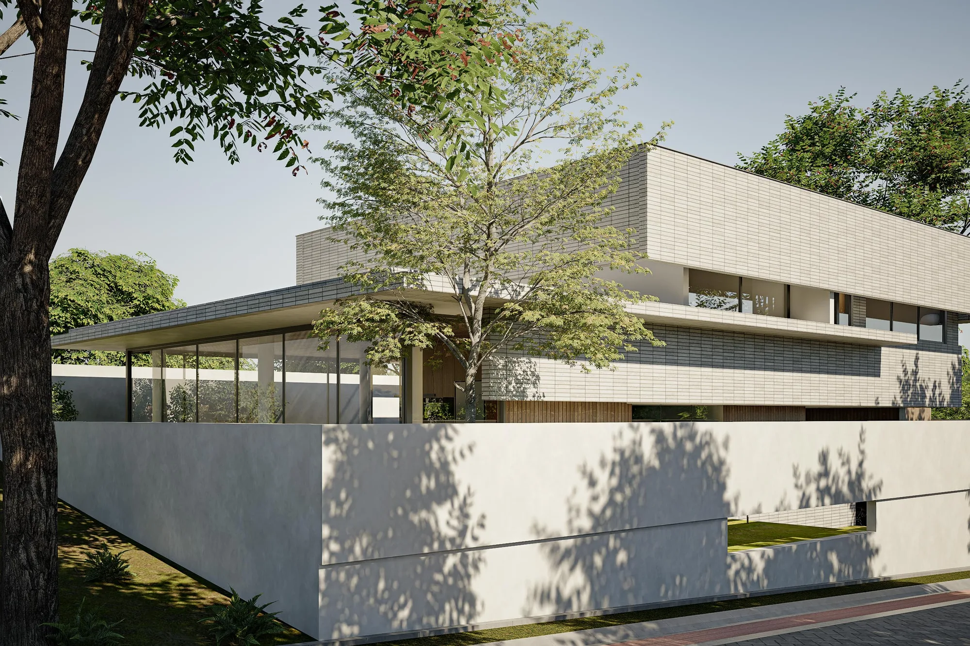 Daytime street view of the house's layered brick-tile massing, framed by an overhanging tree and a black car parked in the driveway.