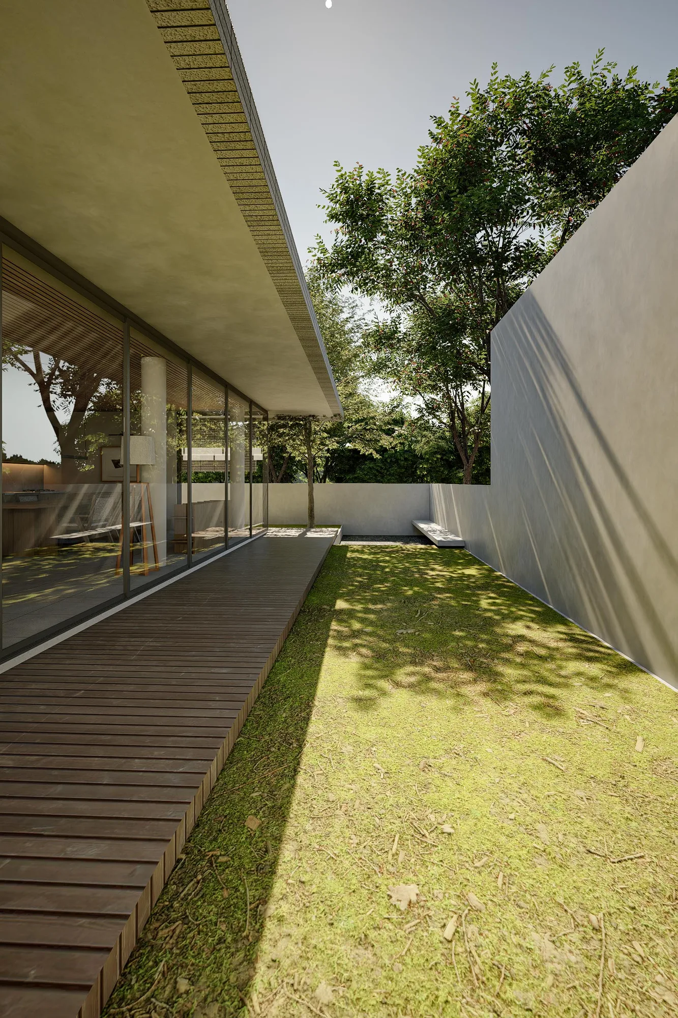 Terraced concrete platforms step down the slope beside the house, alternating grass and a shallow reflecting pool beneath the roof overhang.