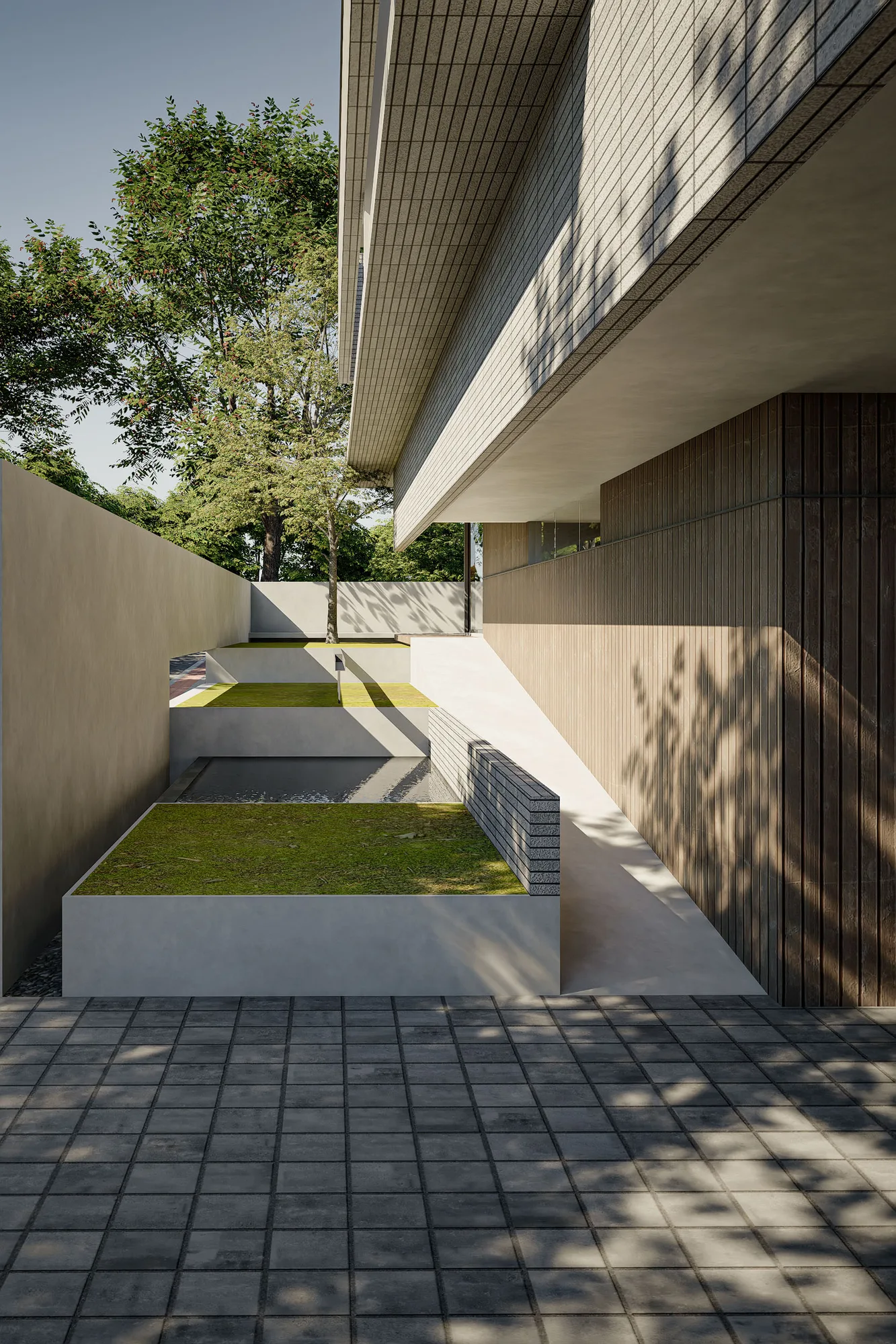 Bamboo screens the ground floor's dark timber cladding beneath the brick-tile upper level.
