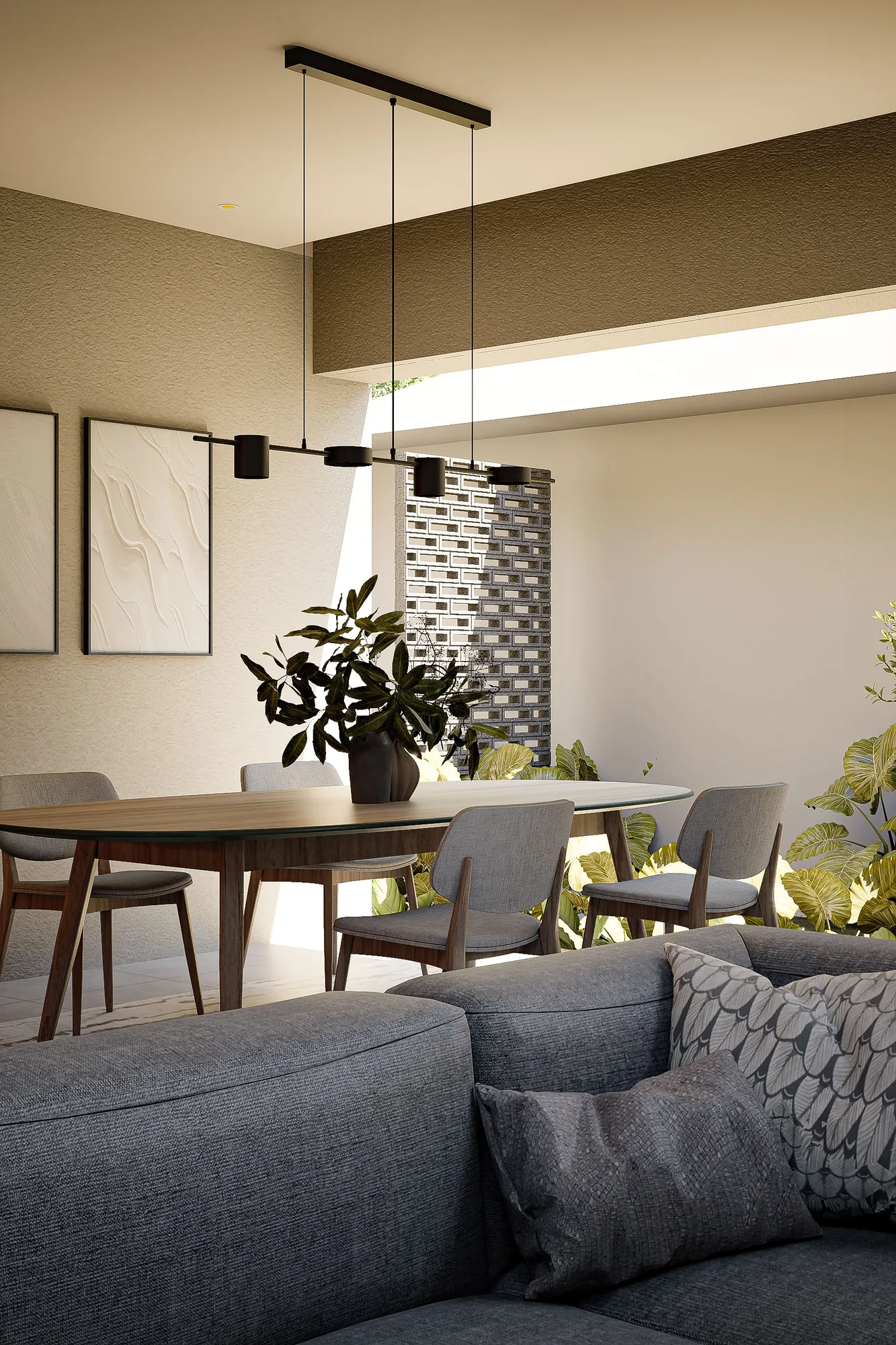 Staircase landing with a potted palm, wood-slat steps leading up past an open shelving niche.