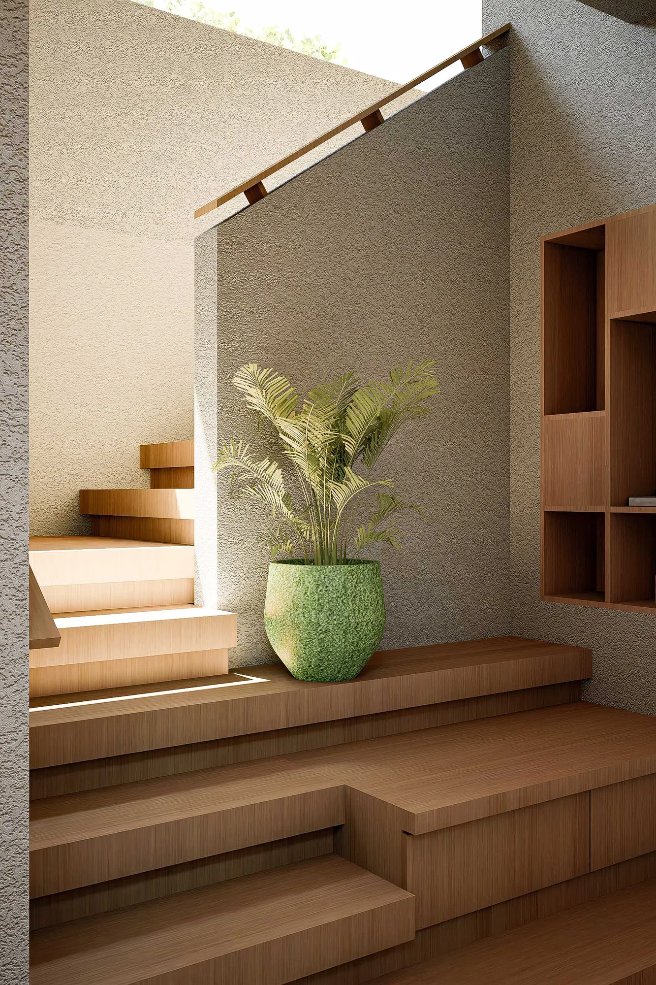 Open-plan kitchen and dining area seen past a grey sofa, oak cabinetry and a refrigerator nook beside a doorway to the entry hall.