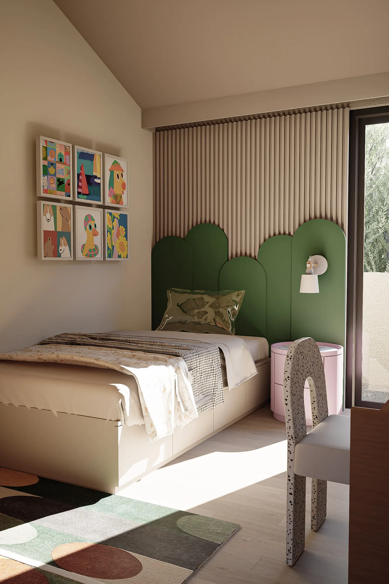 A child's bedroom with a scalloped green upholstered headboard, pink round nightstand, and a wall of framed animal illustrations.
