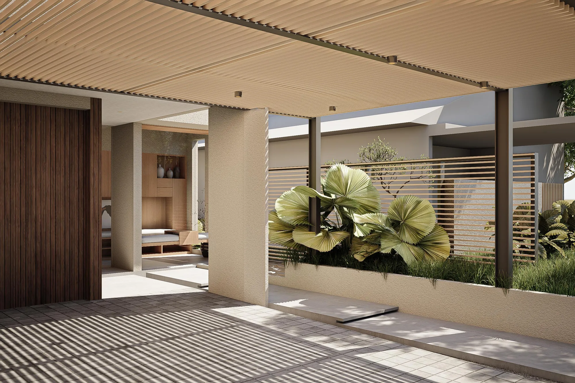 Timber-lattice screen and fan palm beside the entry, seen from beneath a slatted overhang leading toward the front door.