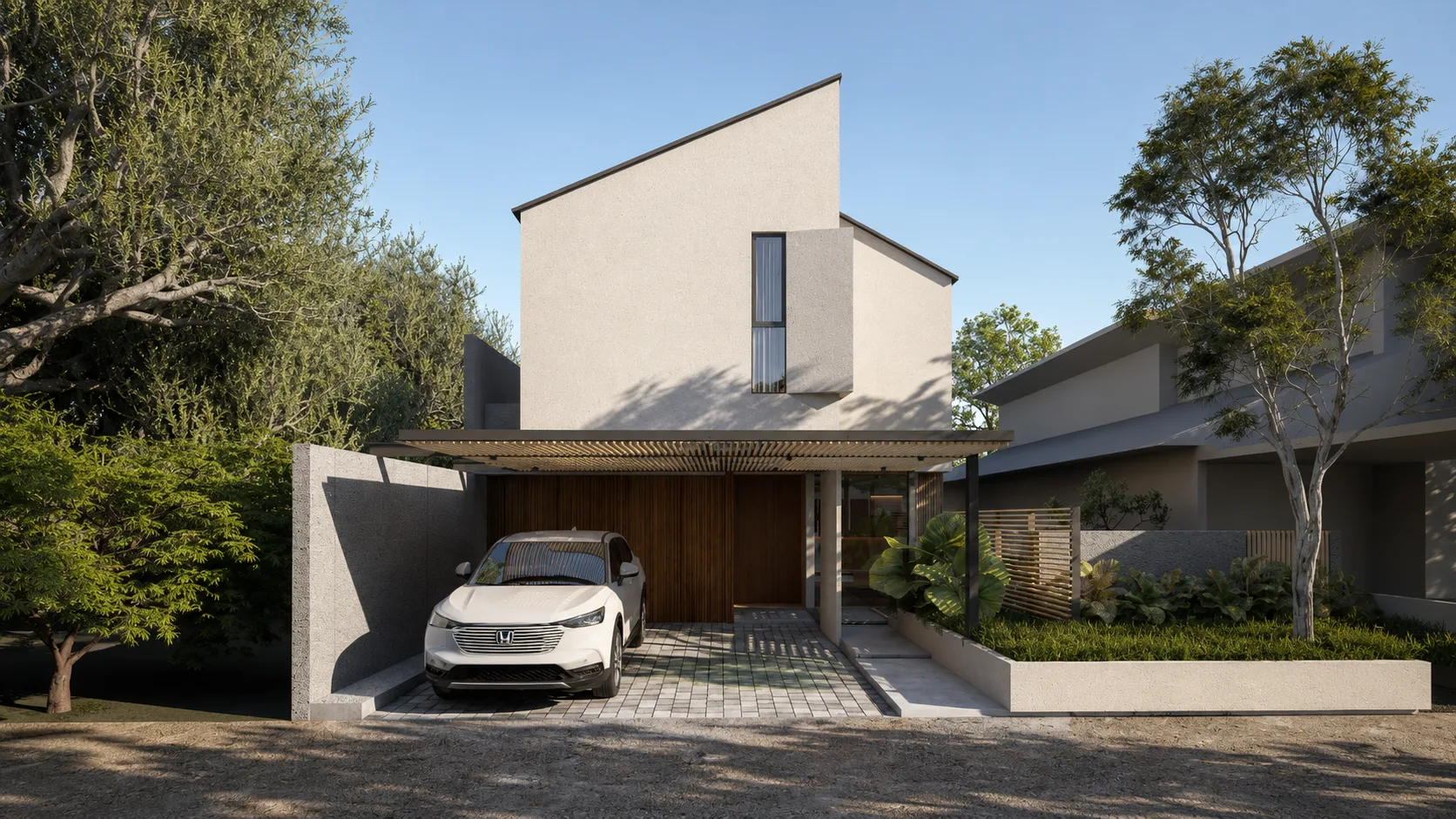 Street elevation of BL House, a gabled white-plaster volume with a timber-slat carport shading the driveway.