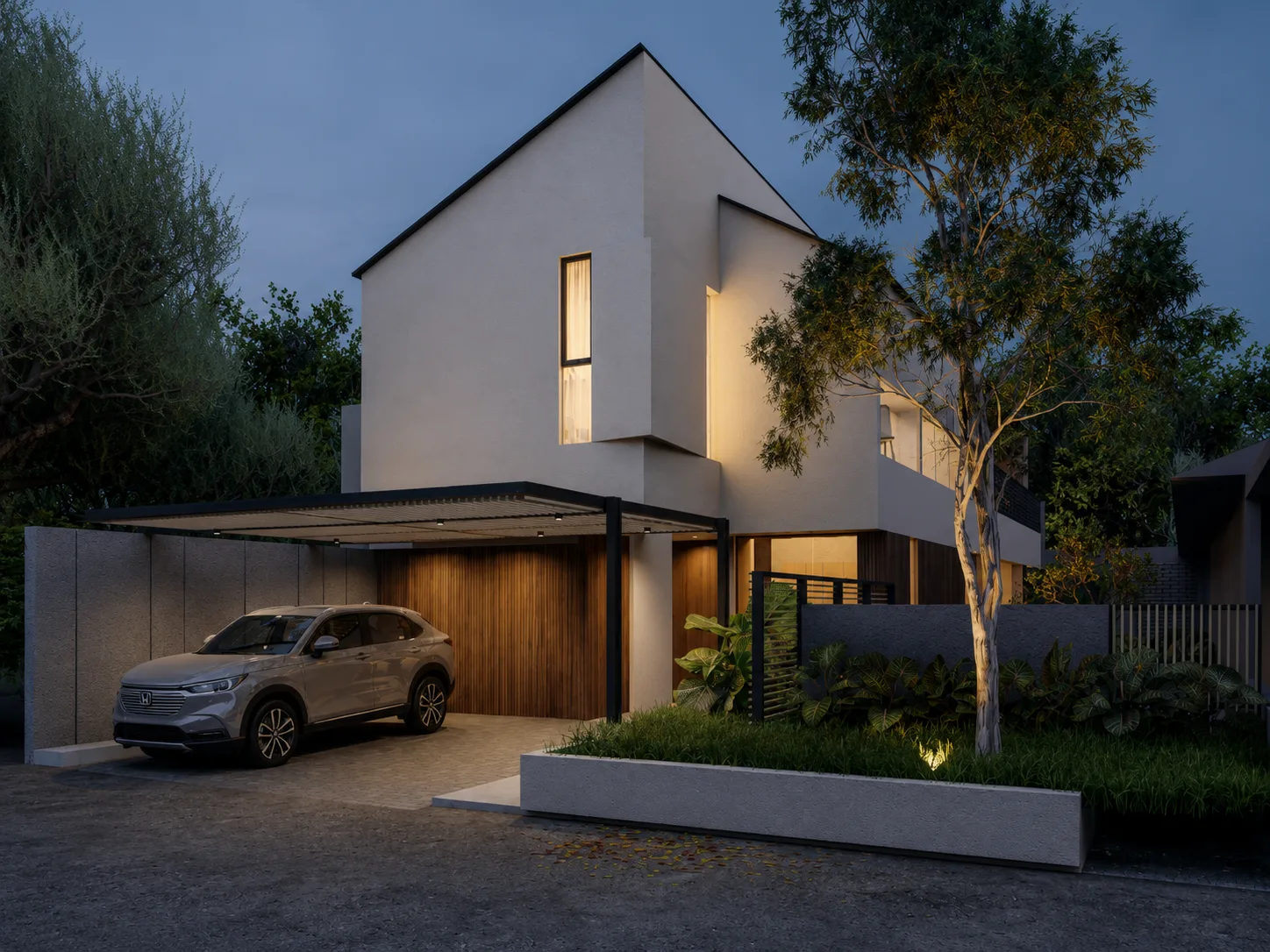 BL House at dusk, its warm interior light spilling through the timber garage door and upper window as a car sits under the carport.