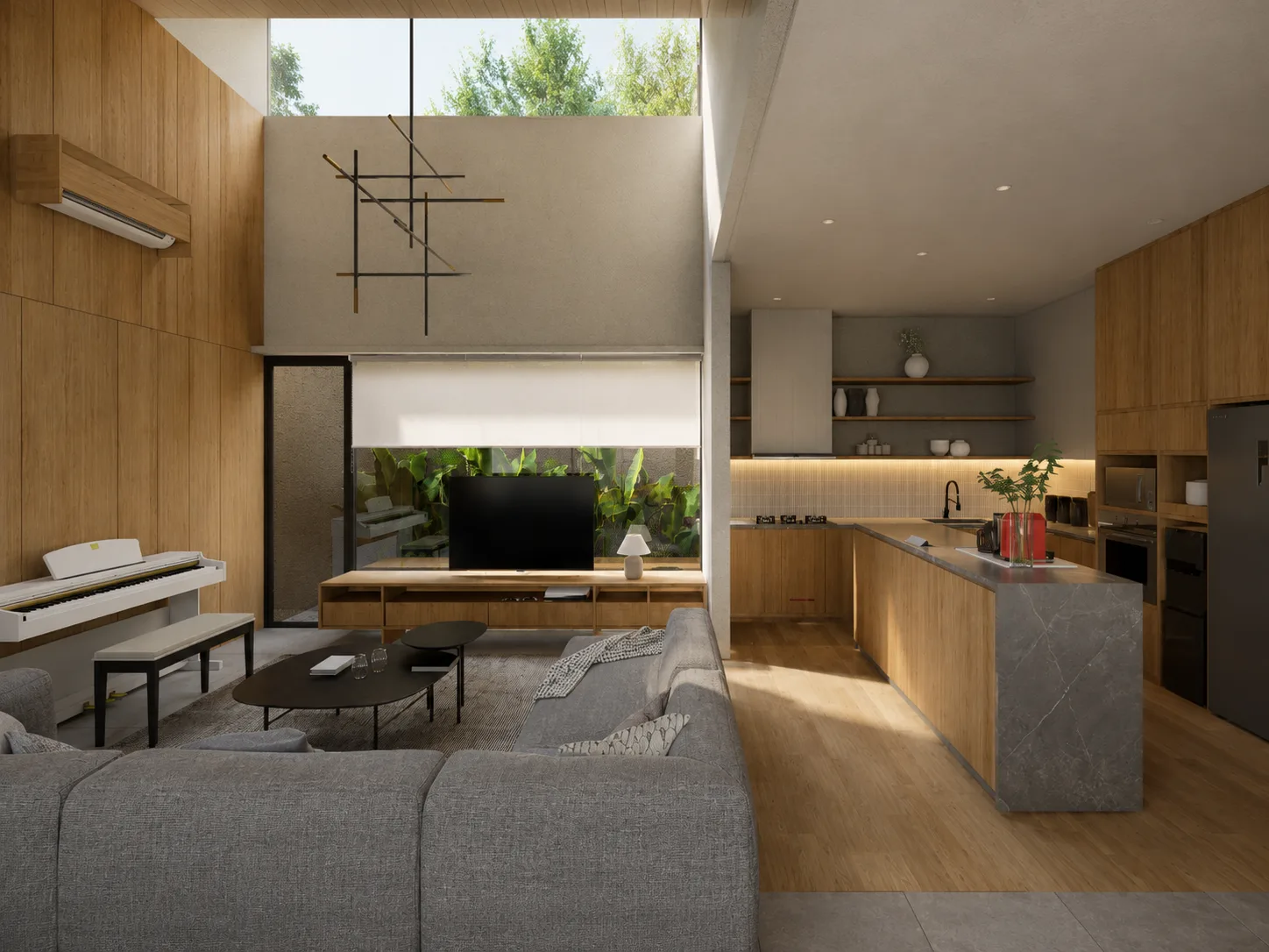 Double-height living room with a white upright piano and hanging metal sculpture, opening onto a wood-and-stone kitchen island.