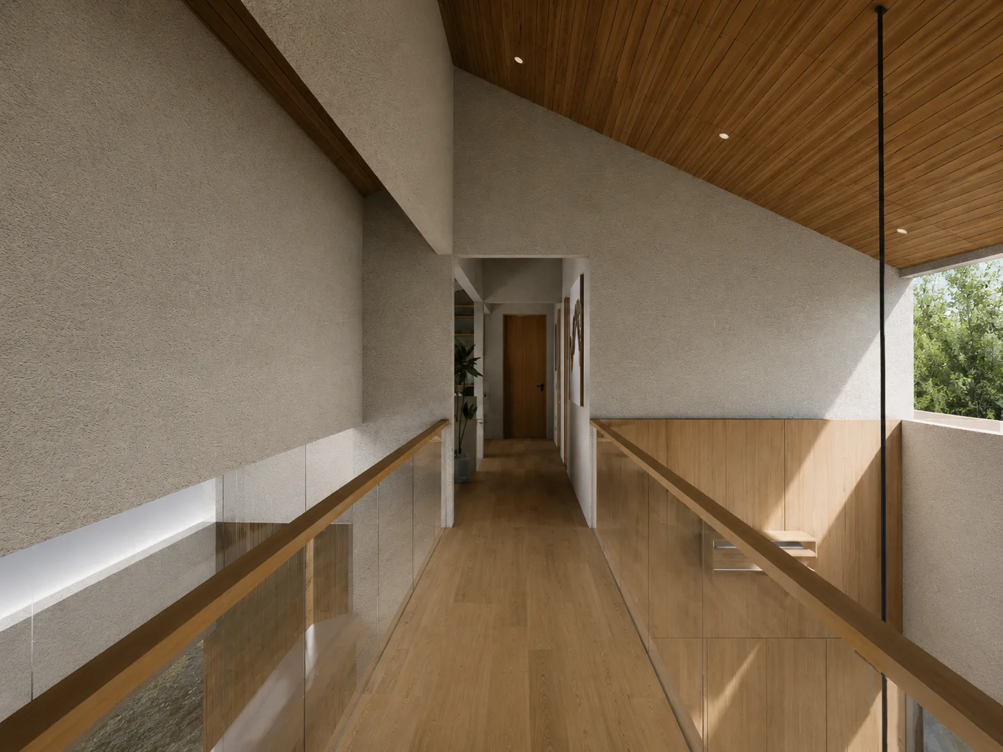 Upper-floor hallway with a glass-and-timber balustrade running above a double-height void, doors leading toward the bedrooms.
