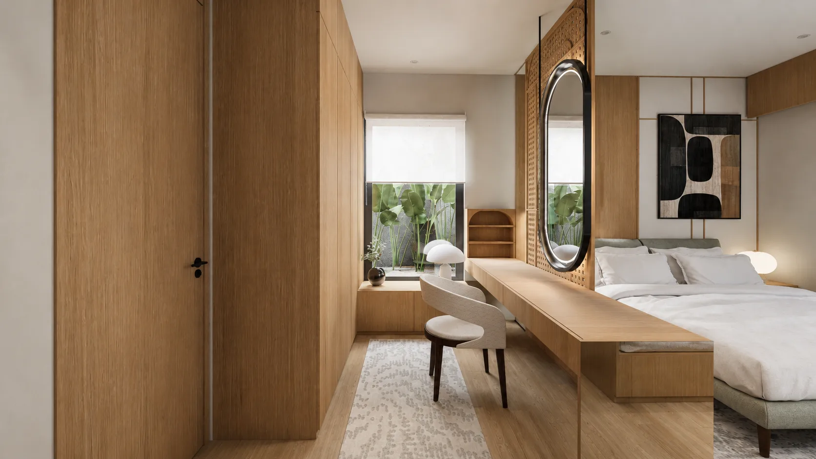 Bedroom dressing nook with a floating oak desk and tall oval mirror set into a rattan-panelled headboard wall.