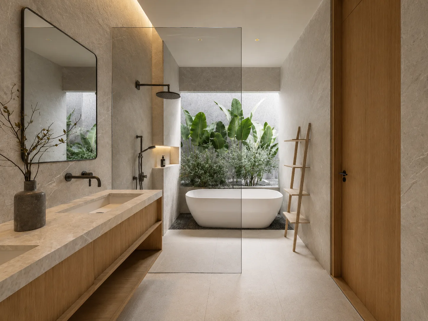Freestanding tub set against a planted light well, with a stone vanity and open shower framed by a single glass panel.